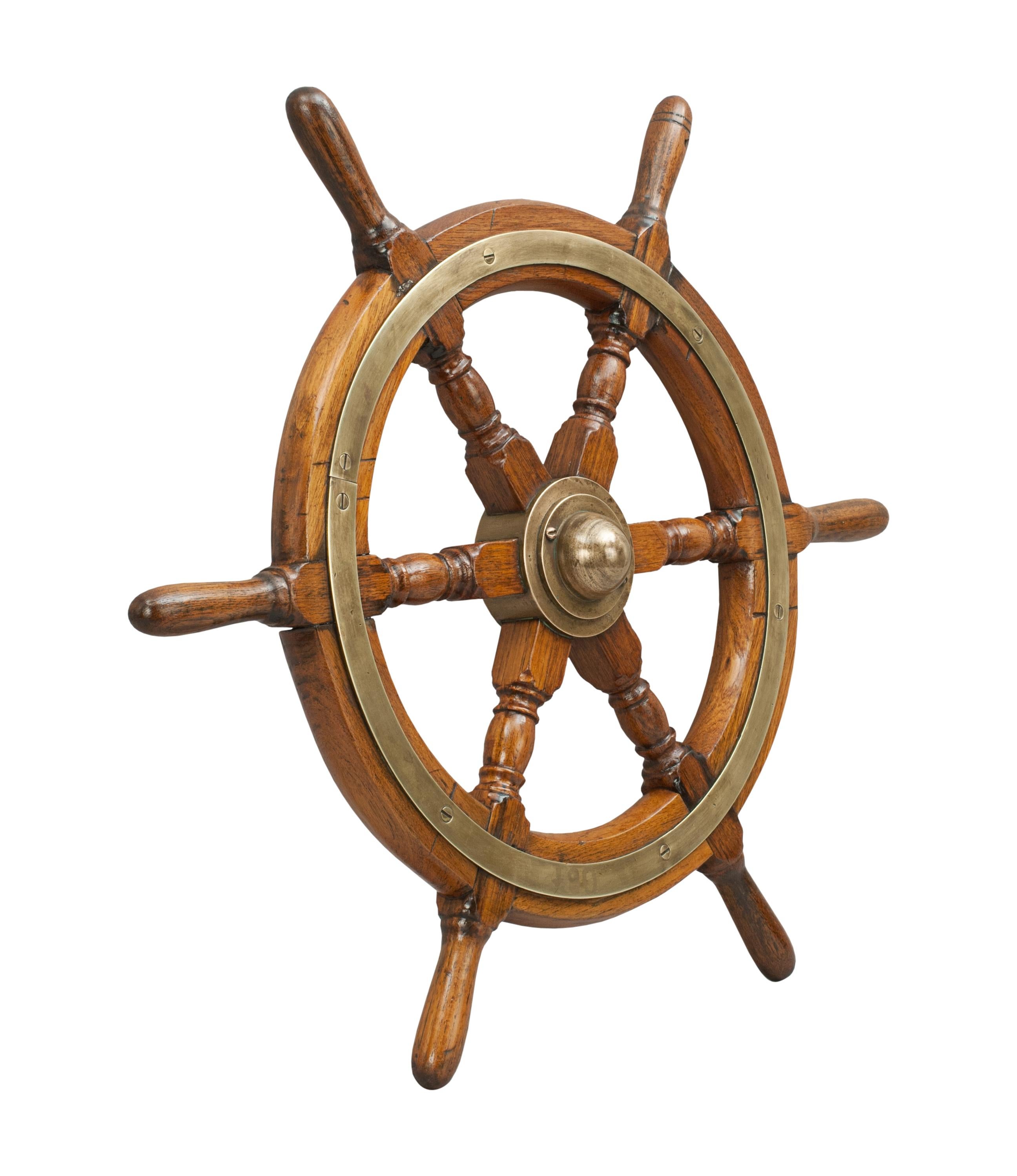 Details about   Antique nautical 18" wooden pirates ship's wheel brass 6 spoke & center section 