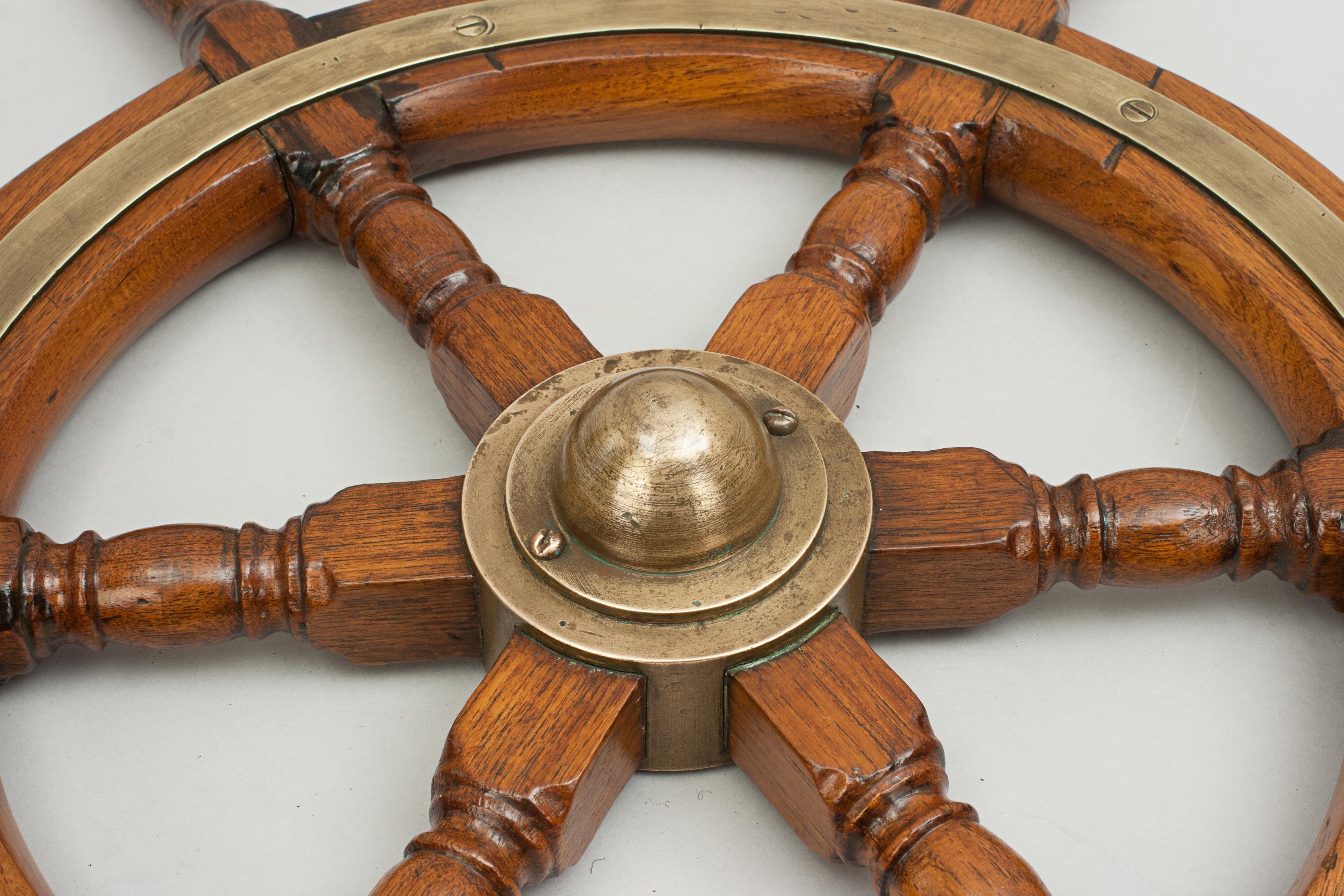 Vintage Teak Ships Wheel, 6 Spoke Helm Wheel, Teak and Brass 1