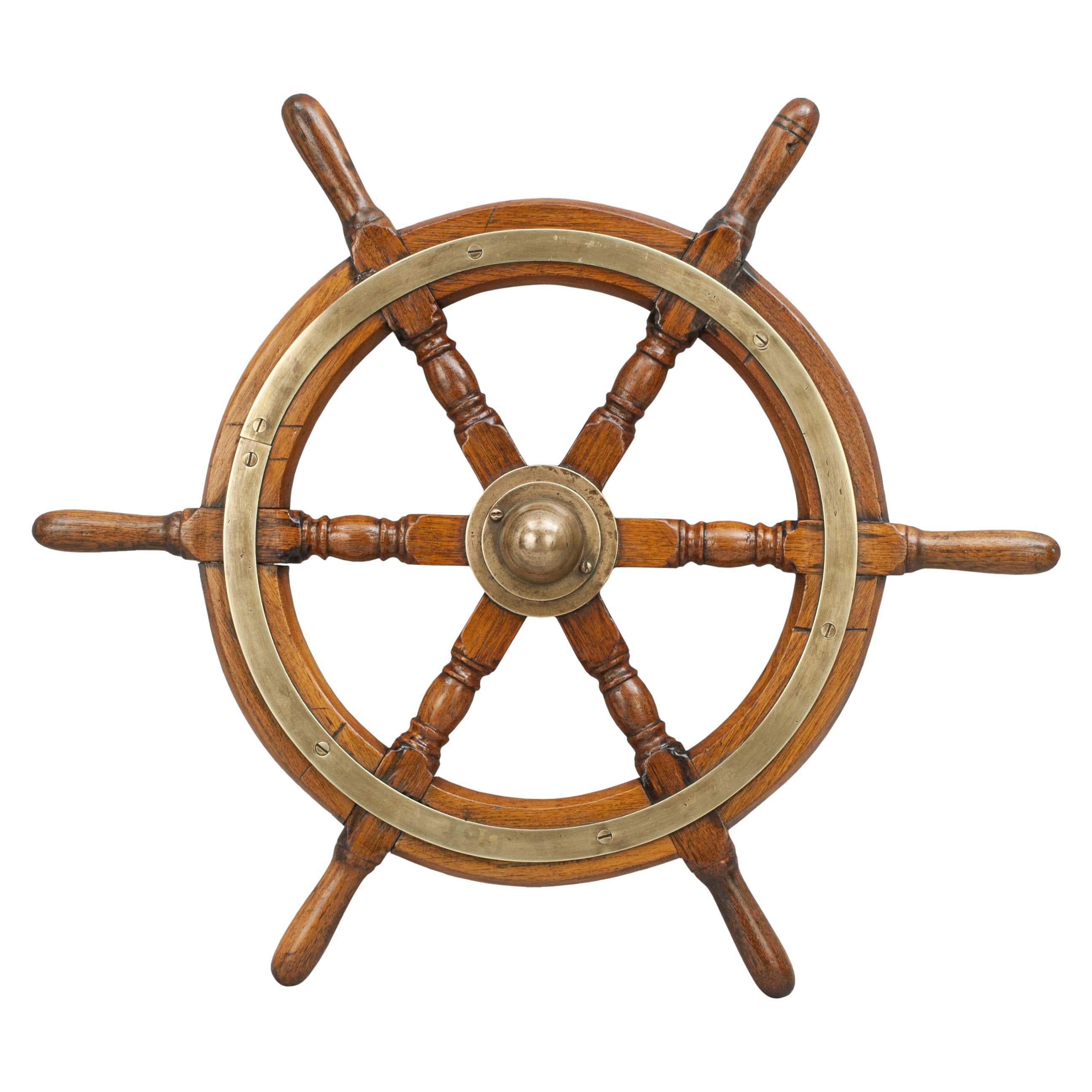Vintage Teak Ships Wheel, 6 Spoke Helm Wheel, Teak and Brass