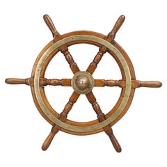 Antique Teak Ships Wheel, 6 Spoke Helm Wheel, Teak and Brass