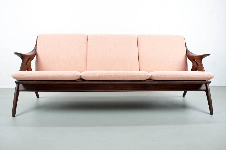 Mid-20th Century Vintage Teak Sofa Reupholstered in Salmon Color by De Ster Gelderland, 1960s For Sale