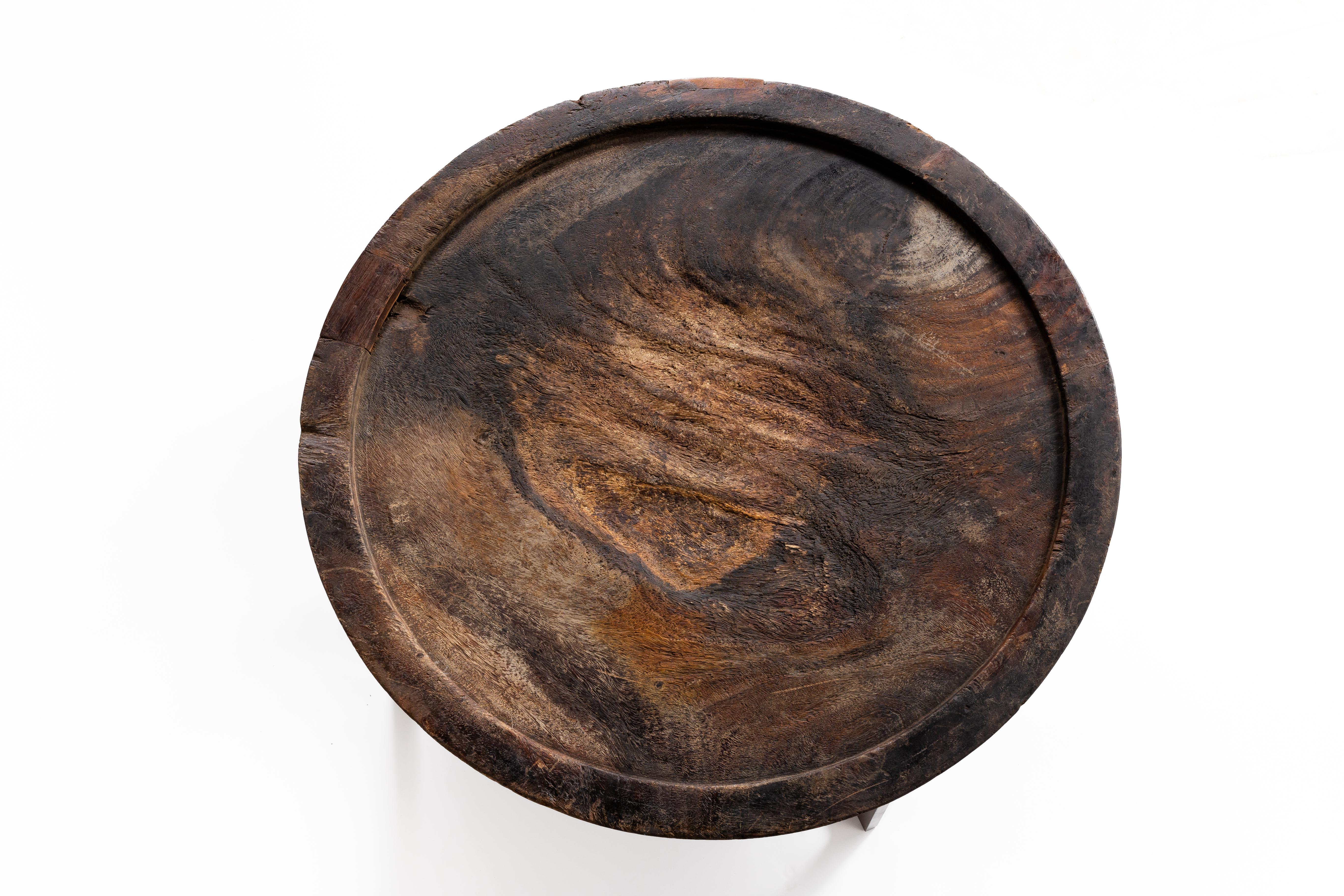 Patinated Vintage Teak South Asian Serving Bowl on Patinaed Steel Stand