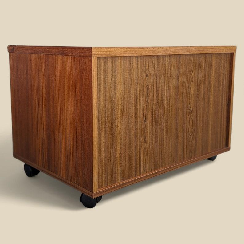 Unknown Vintage Teak Storage Cabinet on Wheels Side or End Table For Sale
