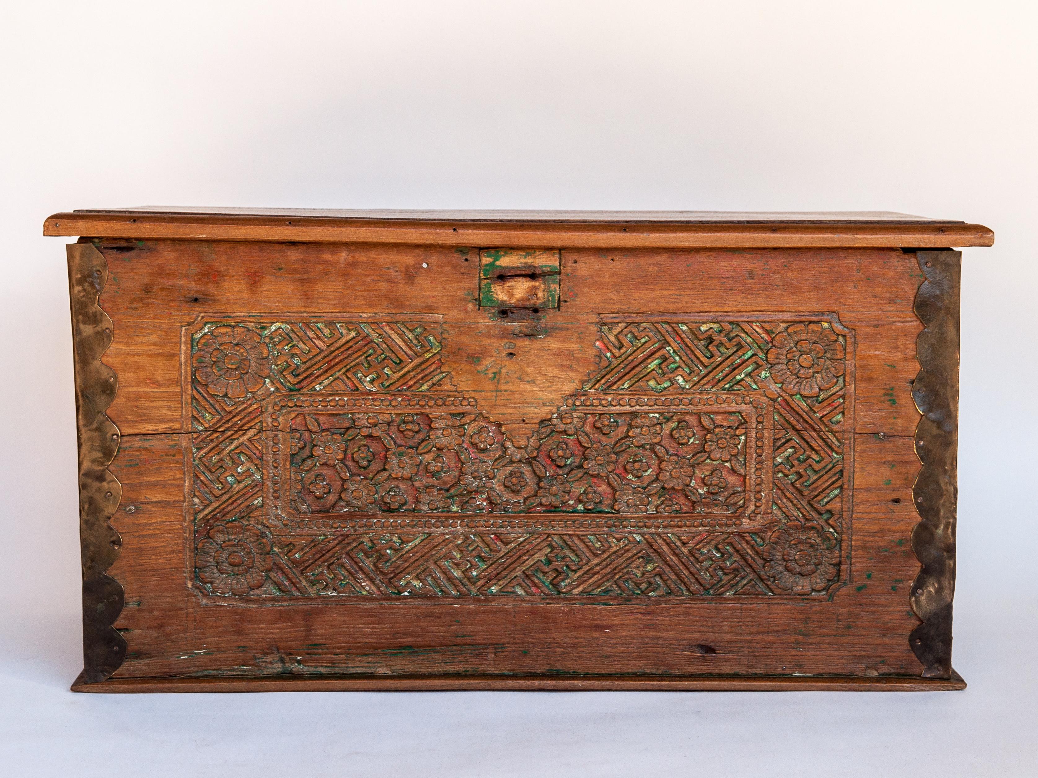 Country Vintage Teak Storage Chest with Carved Design from Java, Mid-20th Century