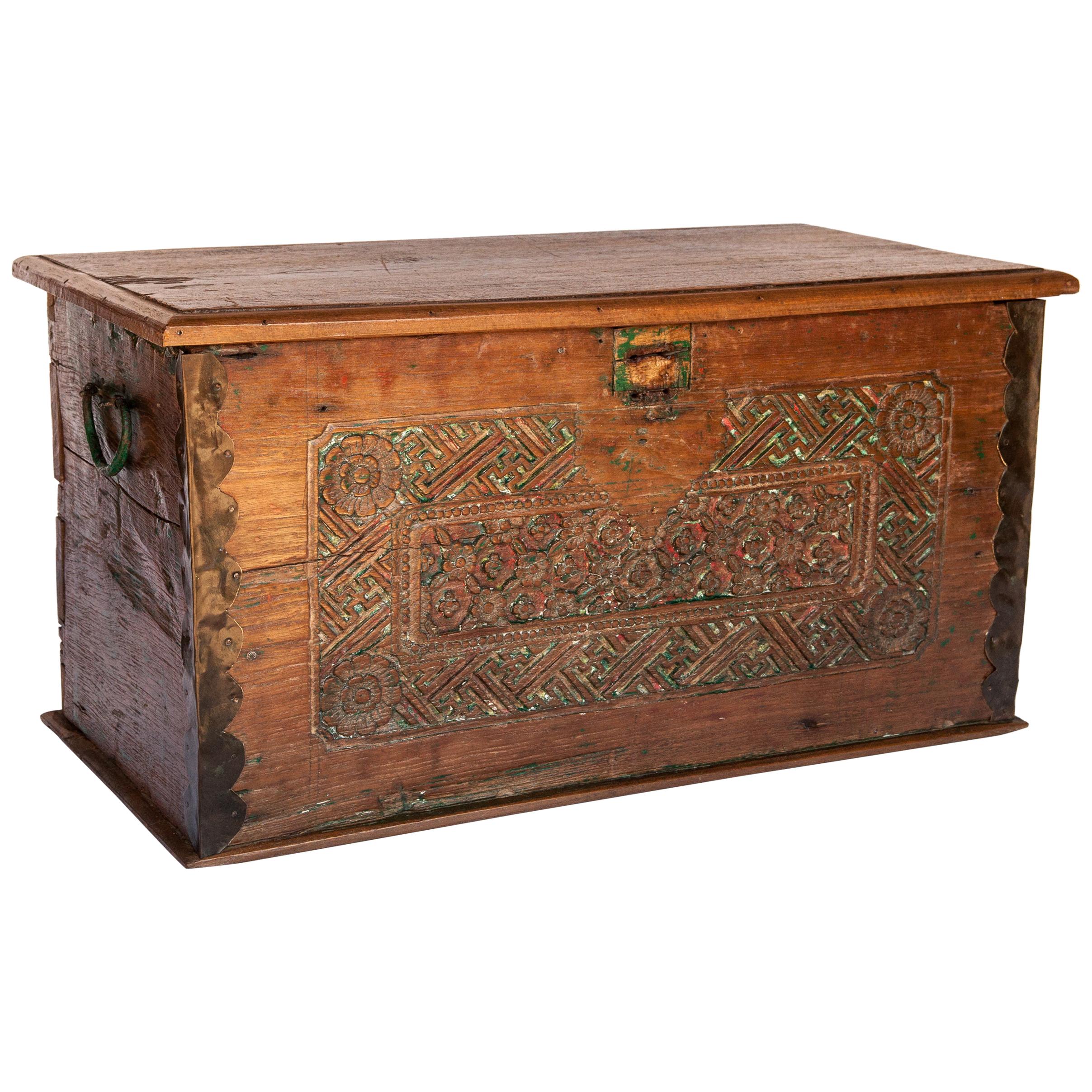 Vintage Teak Storage Chest with Carved Design from Java, Mid-20th Century