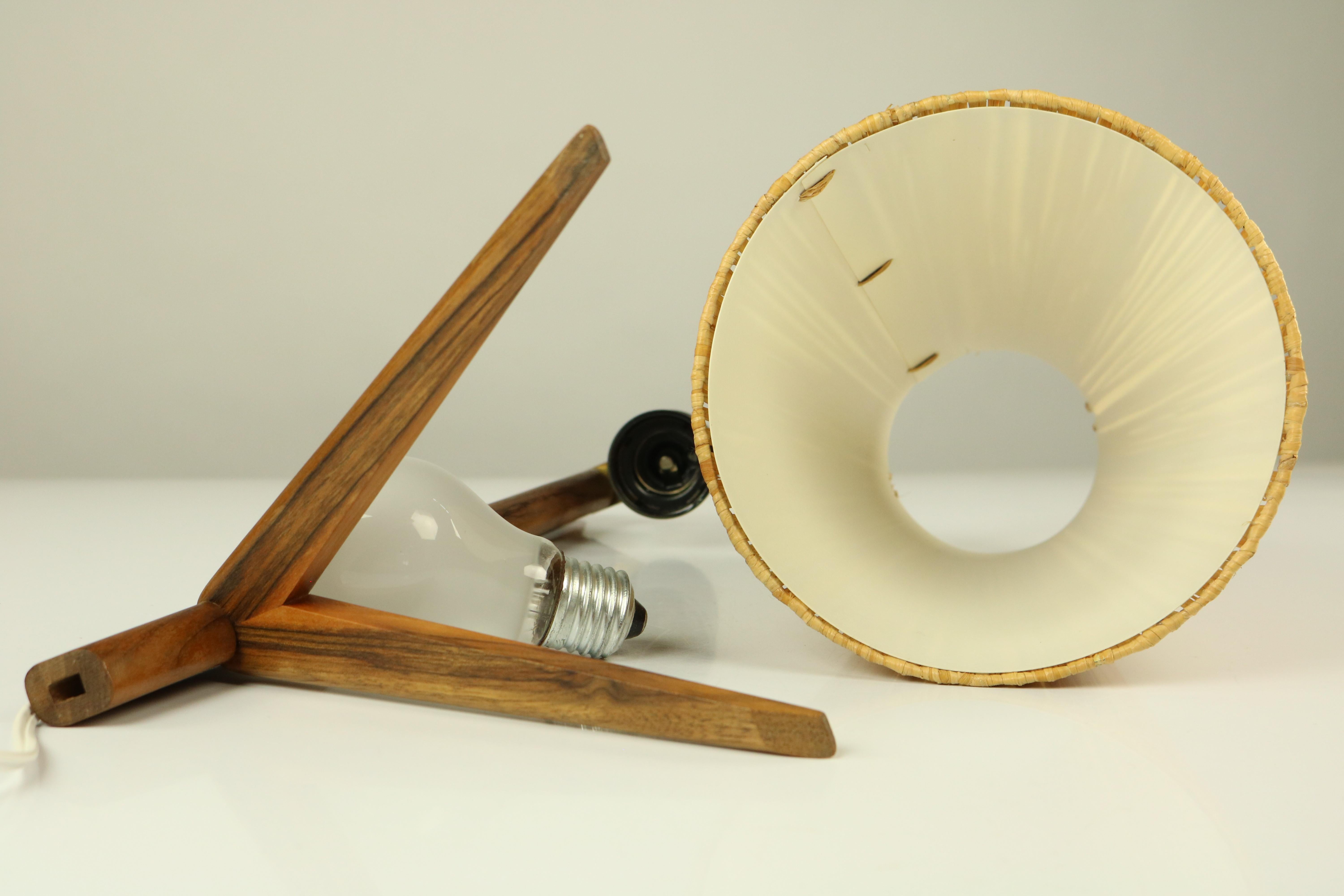 Vintage Teak Table Lamp Crow Foot & Bast Shade Midcentury 1950s Austria Kalmar For Sale 3