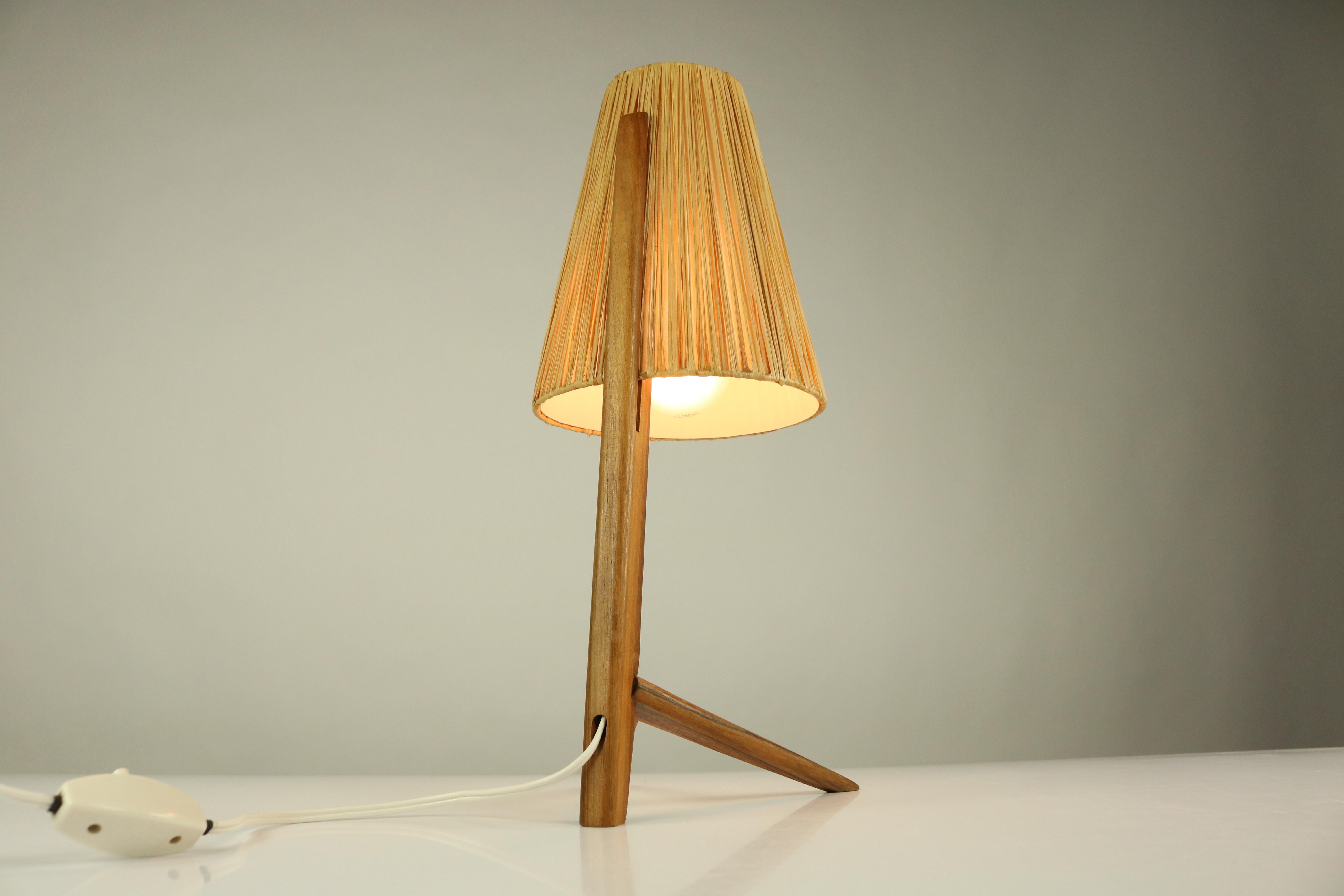 Mid-Century Modern Vintage Teak Table Lamp Crow Foot & Bast Shade Midcentury 1950s Austria Kalmar For Sale