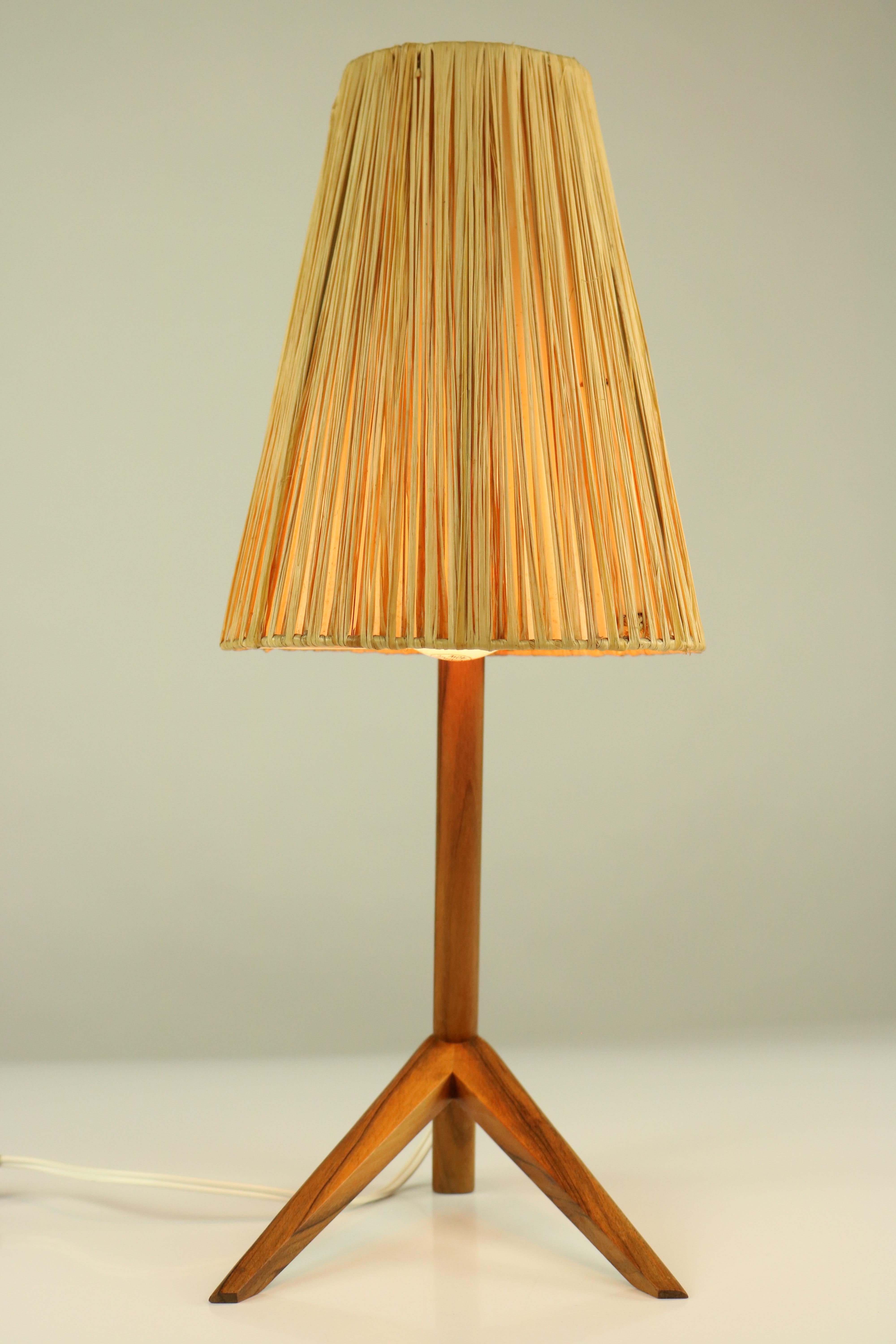 Woodwork Vintage Teak Table Lamp Crow Foot & Bast Shade Midcentury 1950s Austria Kalmar For Sale