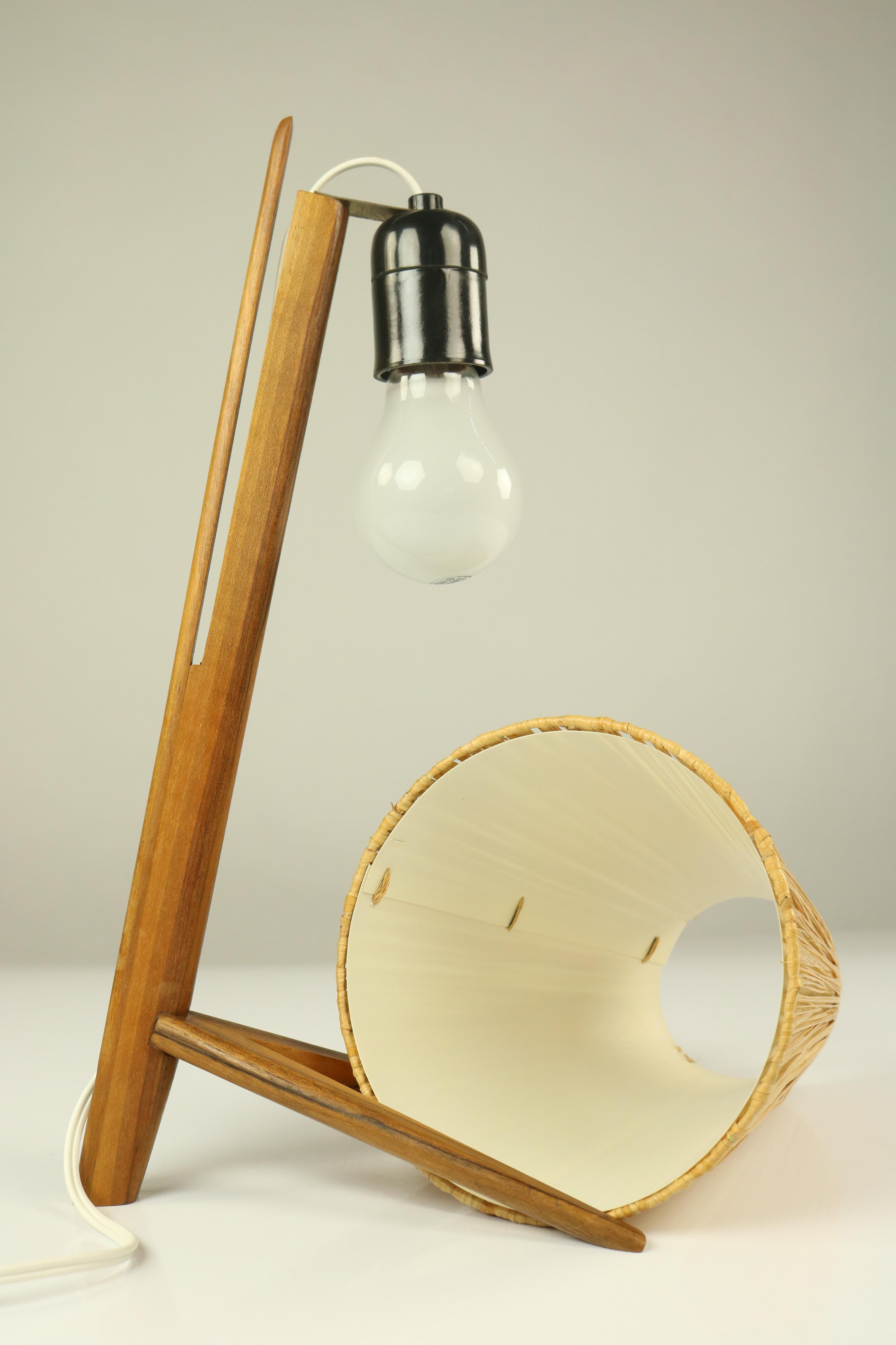 Vintage Teak Table Lamp Crow Foot & Bast Shade Midcentury 1950s Austria Kalmar For Sale 2