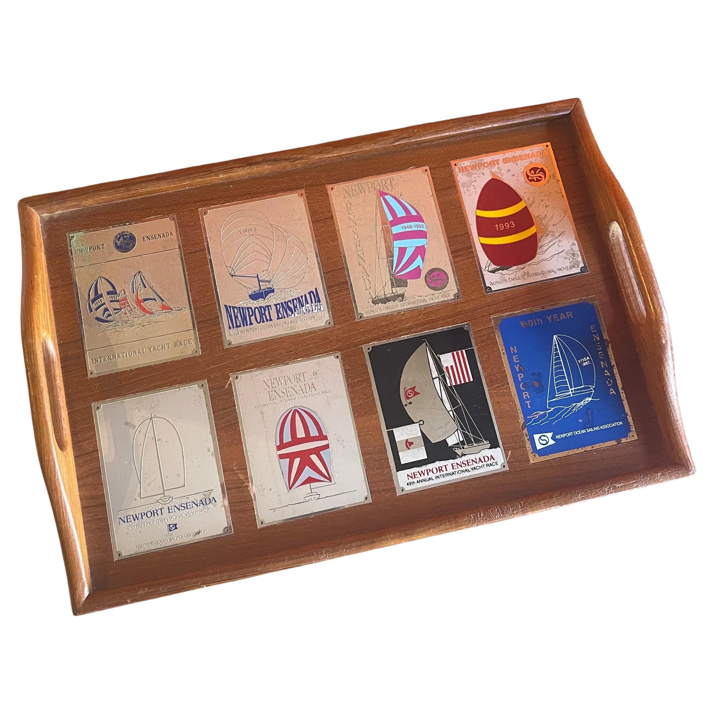 Vintage Teak Tray with Embedded "Newport Beach to Ensenada" Yacht Race Emblems For Sale