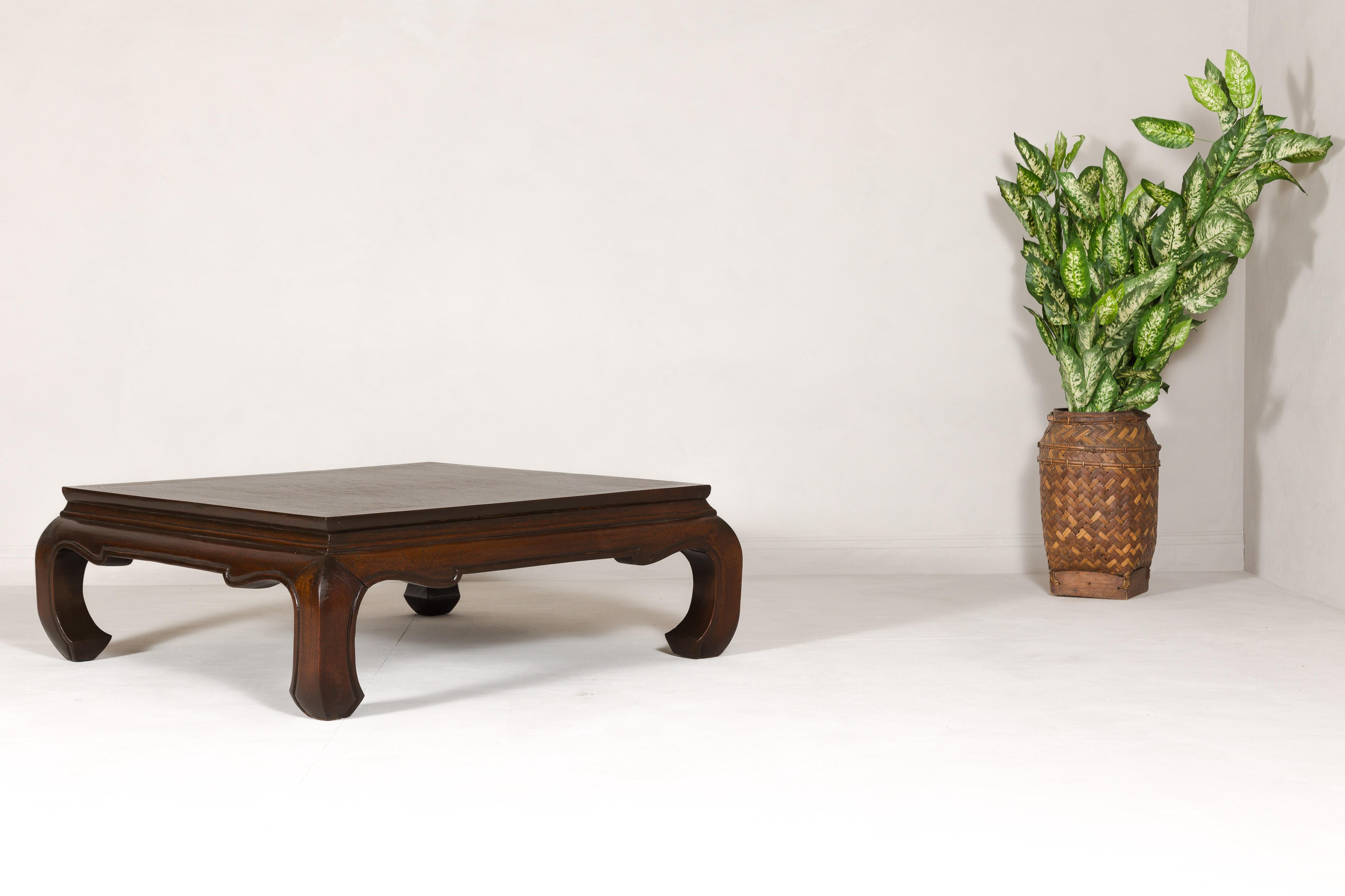 Vintage Teak Wood Chow Leg Coffee Table with Brown Oil Finish and carved Apron 5