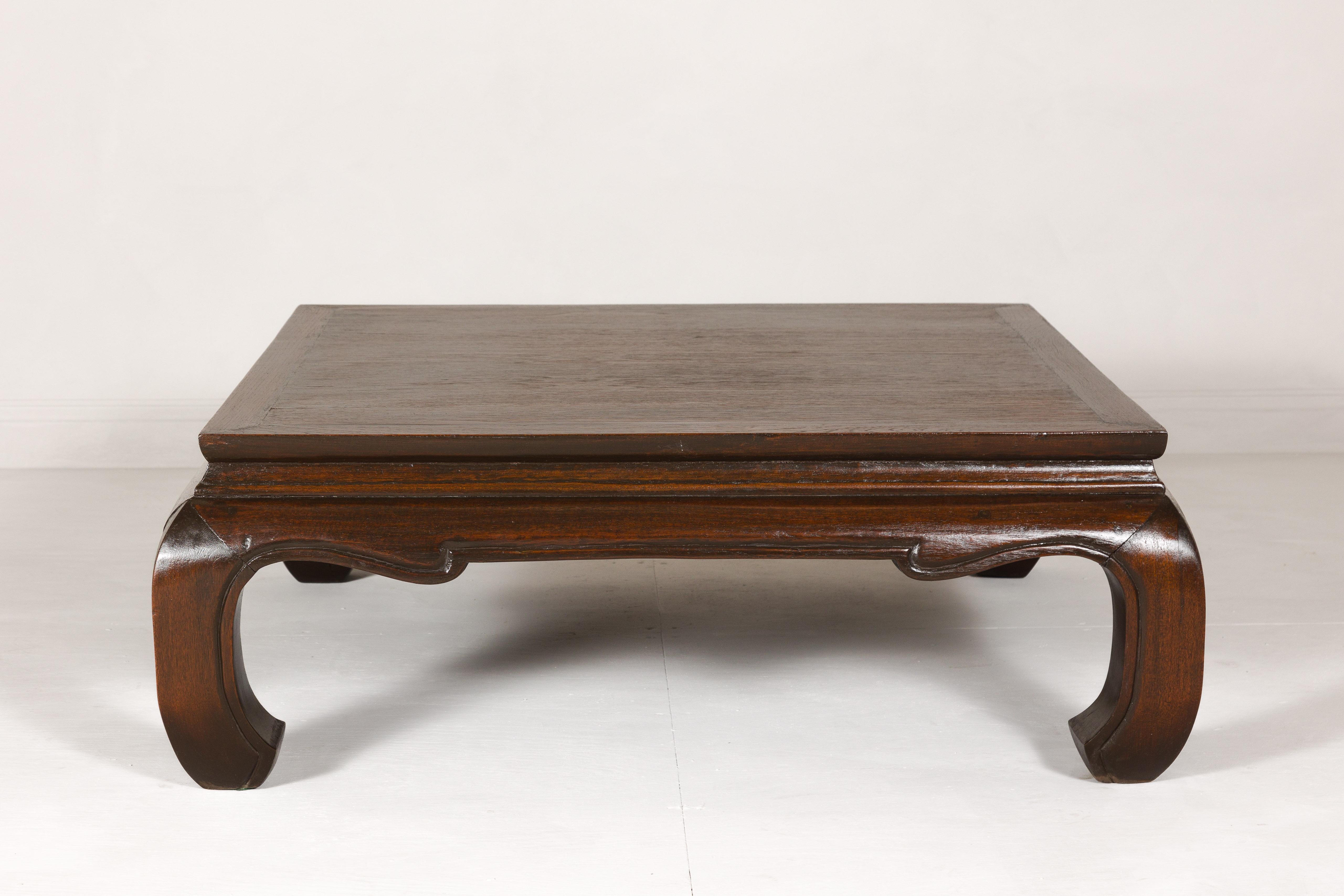 Vintage Teak Wood Chow Leg Coffee Table with Brown Oil Finish and carved Apron 7