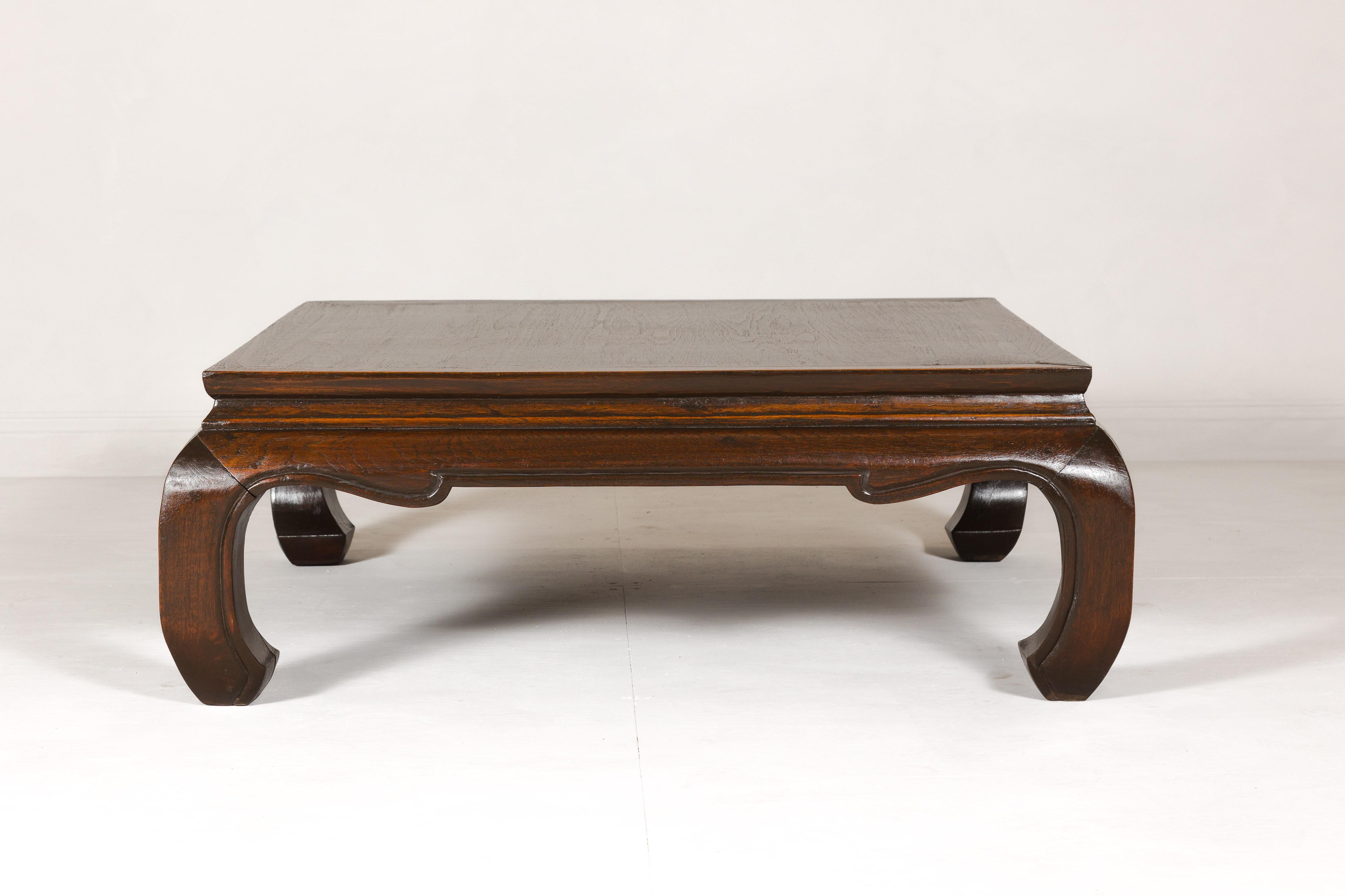 Vintage Teak Wood Chow Leg Coffee Table with Brown Oil Finish and carved Apron 8