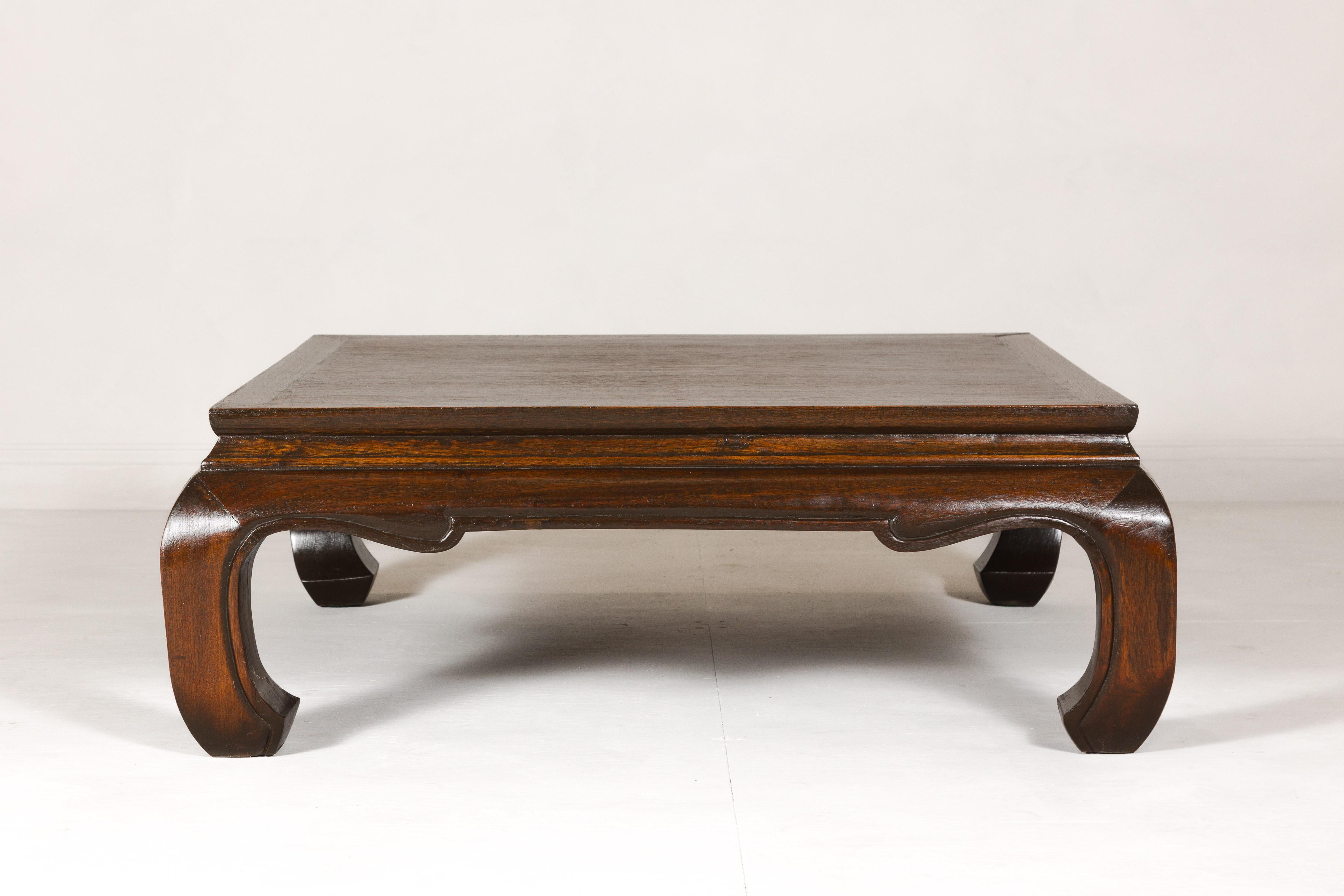 Vintage Teak Wood Chow Leg Coffee Table with Brown Oil Finish and carved Apron 9