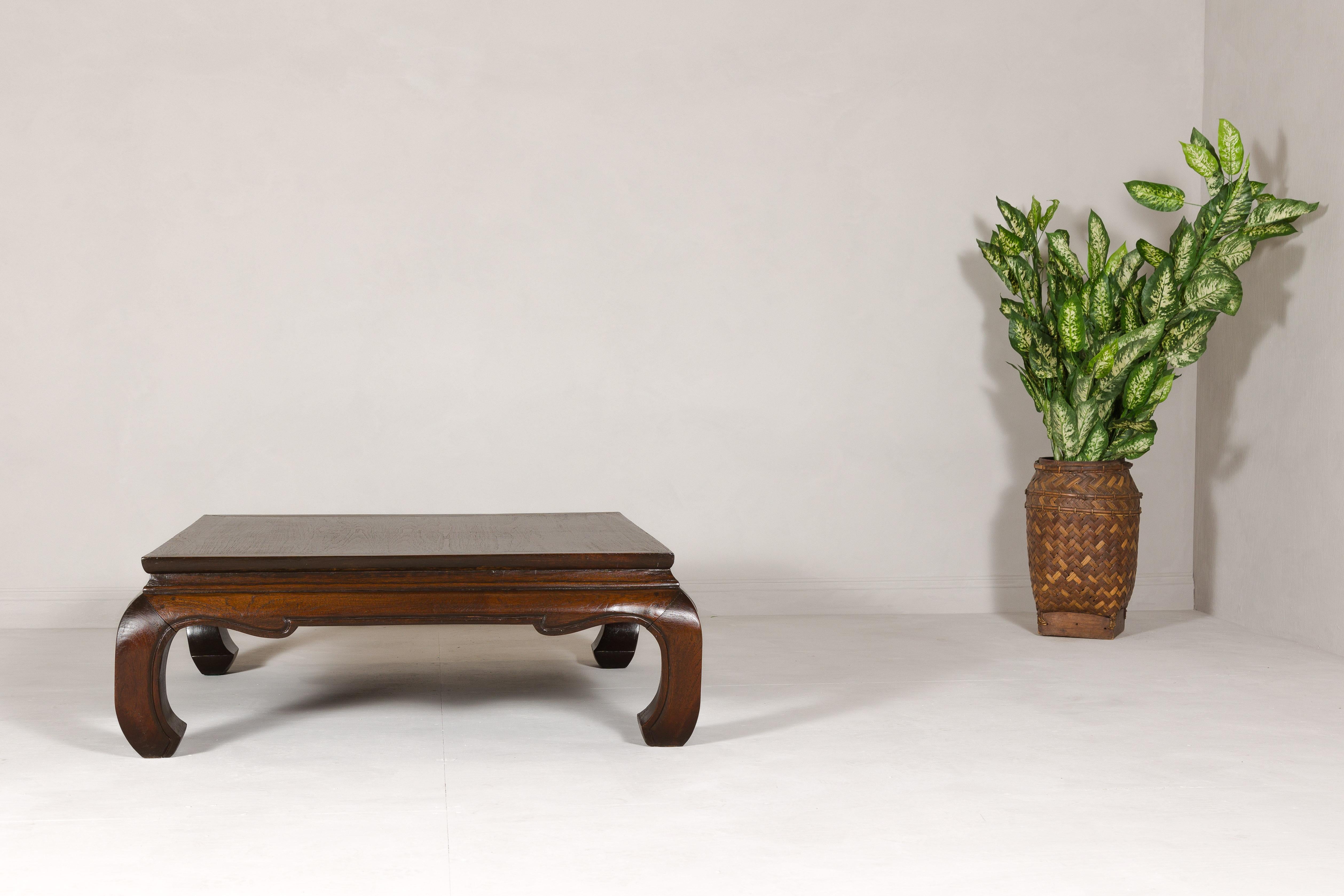 Oiled Vintage Teak Wood Chow Leg Coffee Table with Brown Oil Finish and carved Apron