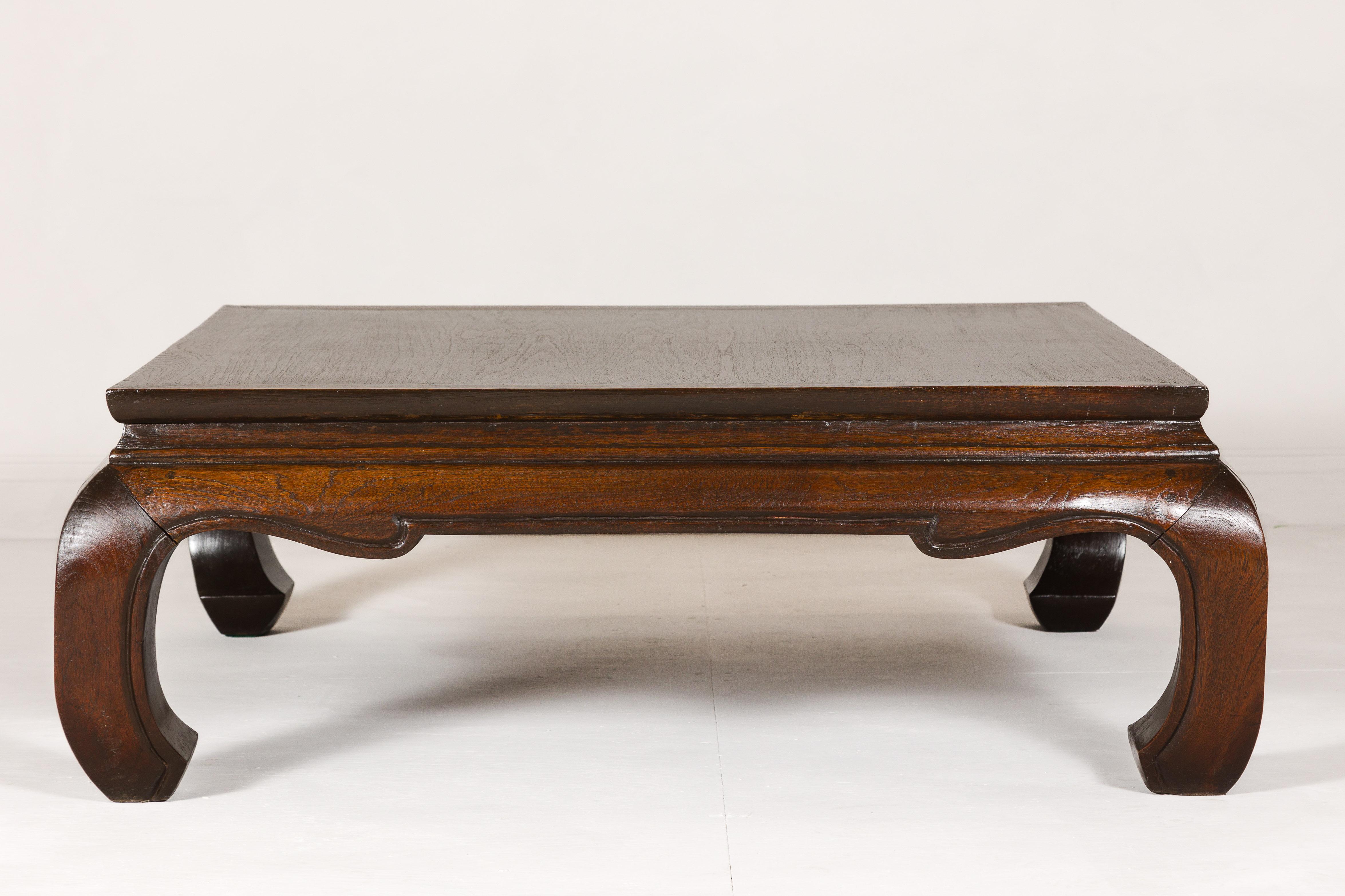 Vintage Teak Wood Chow Leg Coffee Table with Brown Oil Finish and carved Apron In Good Condition In Yonkers, NY