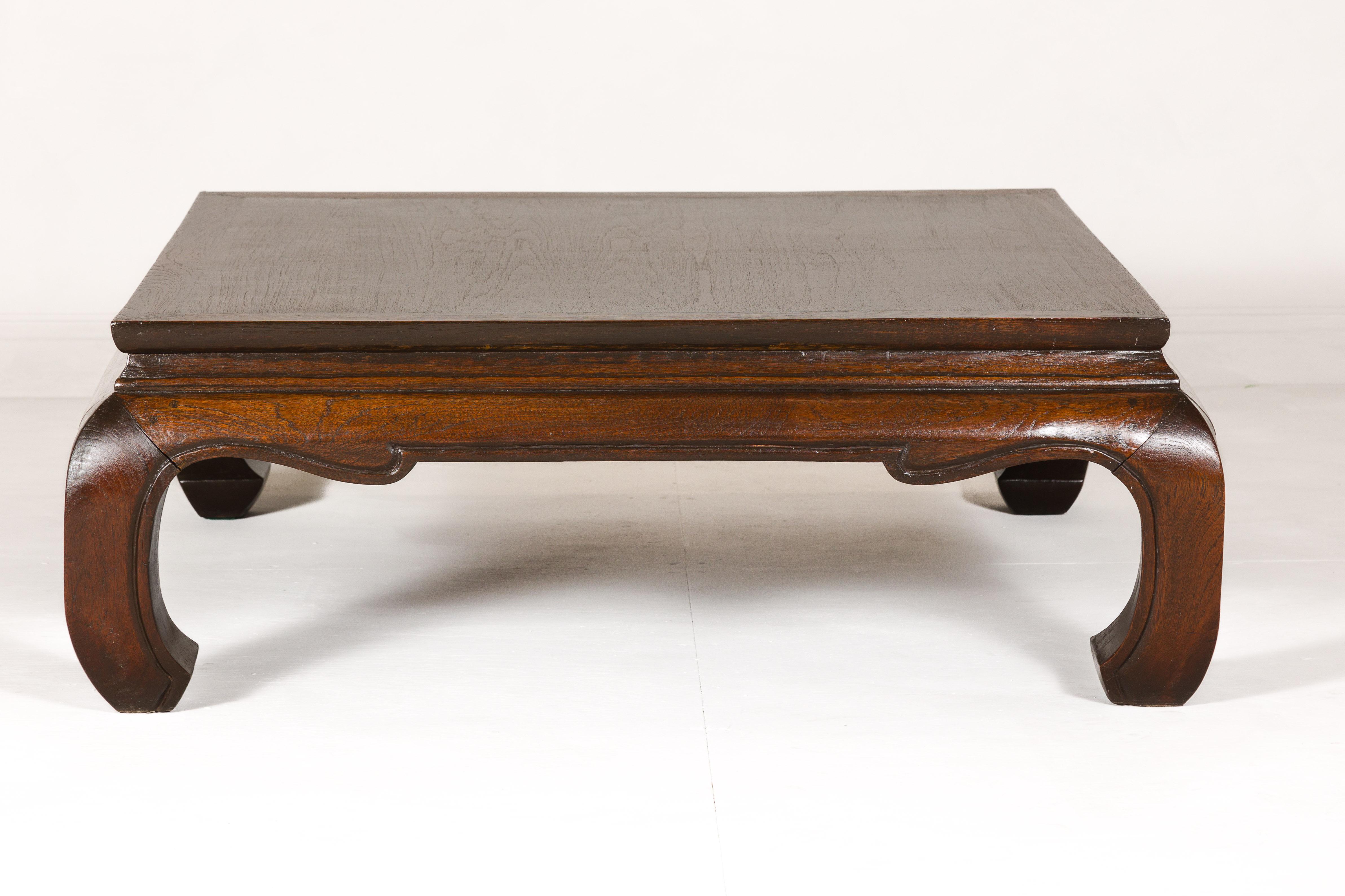 20th Century Vintage Teak Wood Chow Leg Coffee Table with Brown Oil Finish and carved Apron