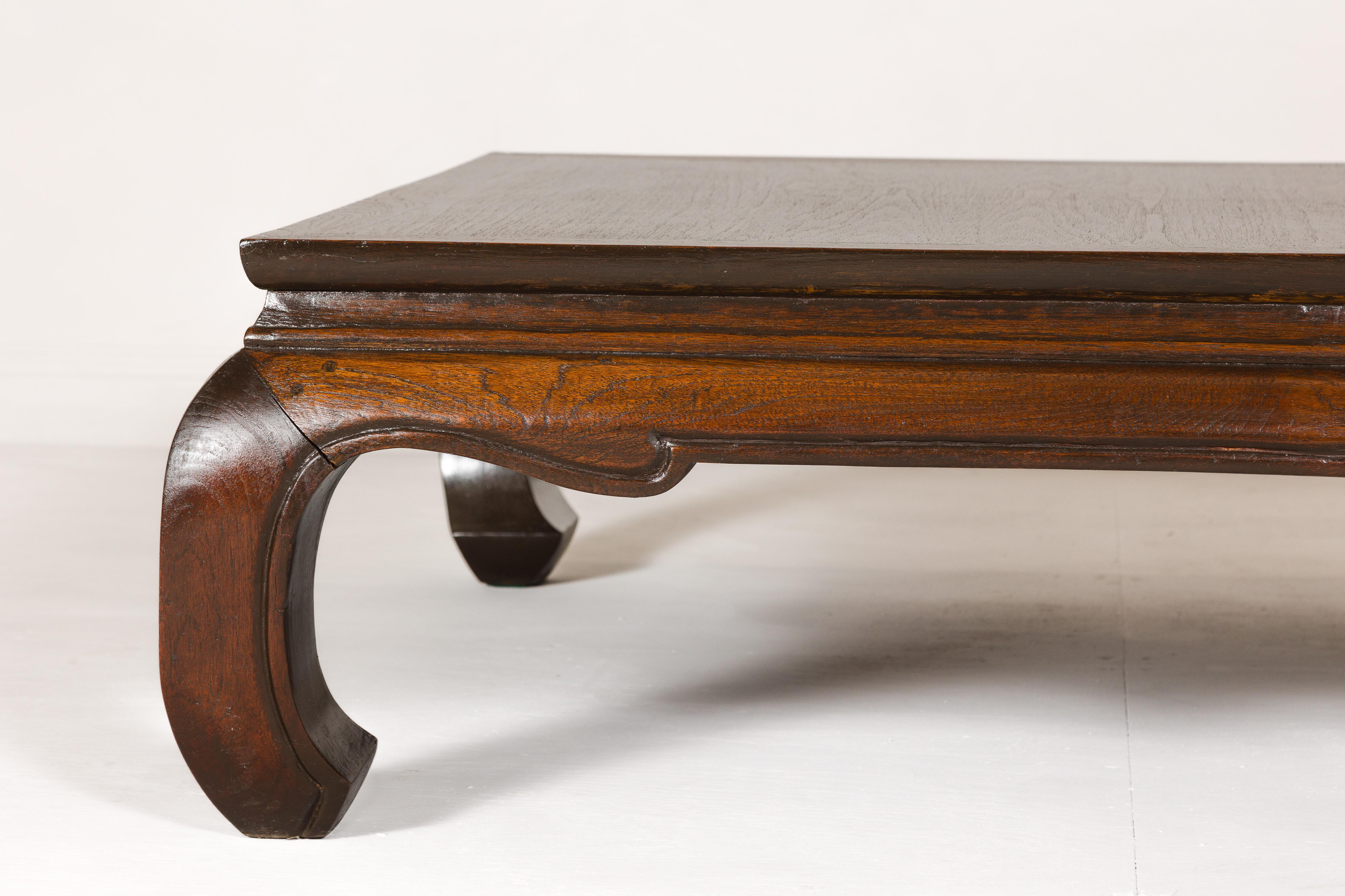 Vintage Teak Wood Chow Leg Coffee Table with Brown Oil Finish and carved Apron 1