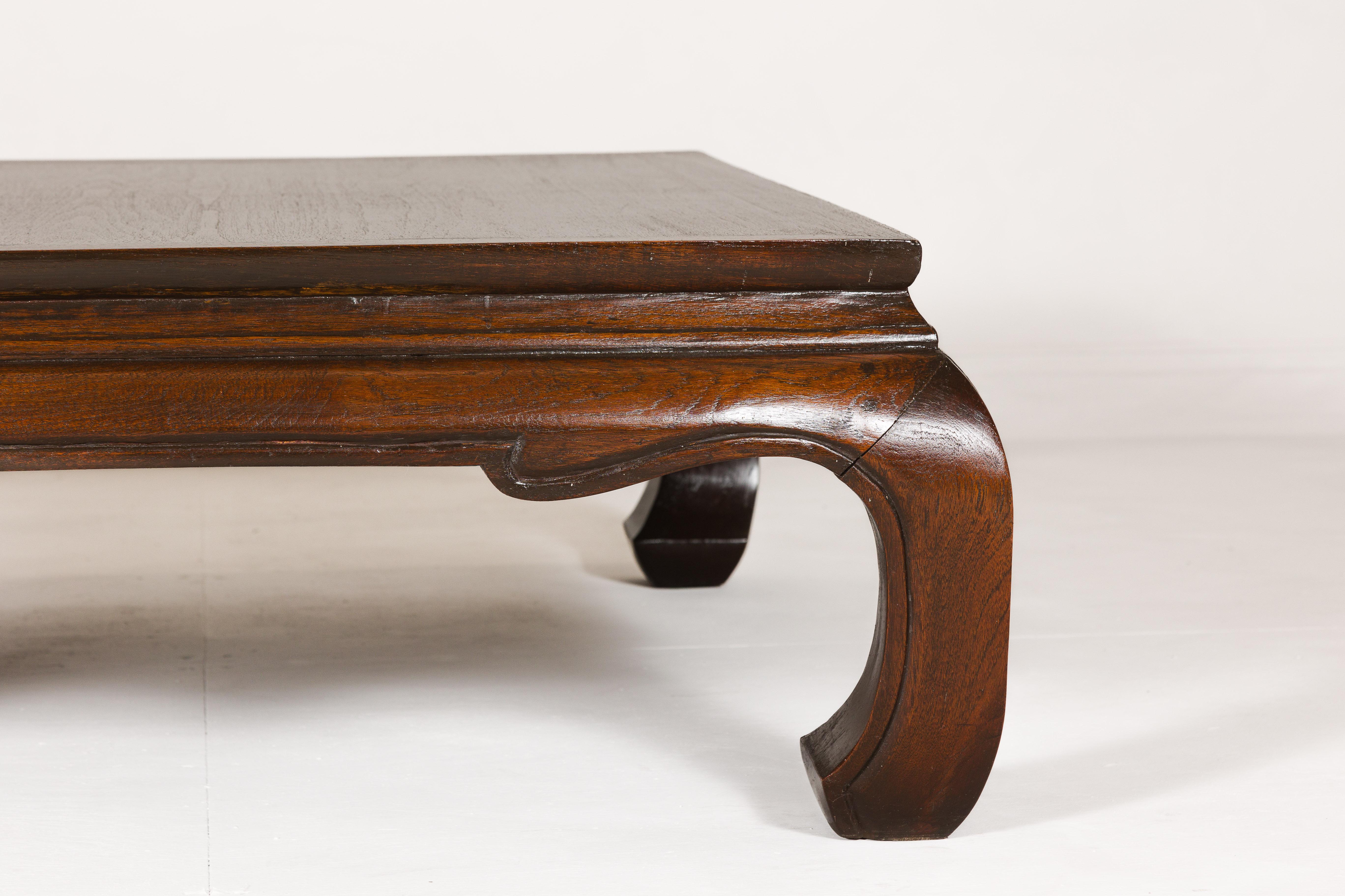 Vintage Teak Wood Chow Leg Coffee Table with Brown Oil Finish and carved Apron 2