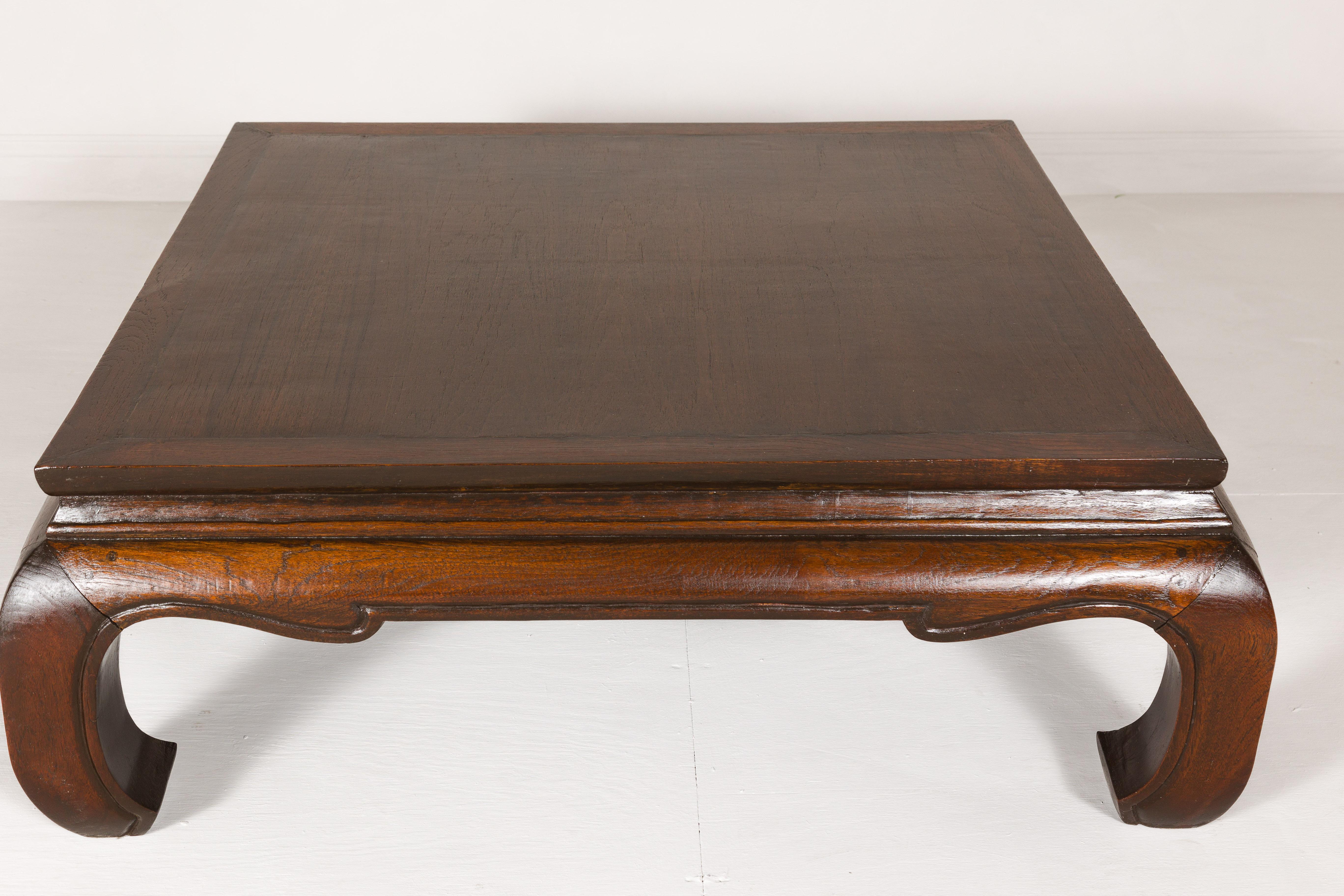 Vintage Teak Wood Chow Leg Coffee Table with Brown Oil Finish and carved Apron 3