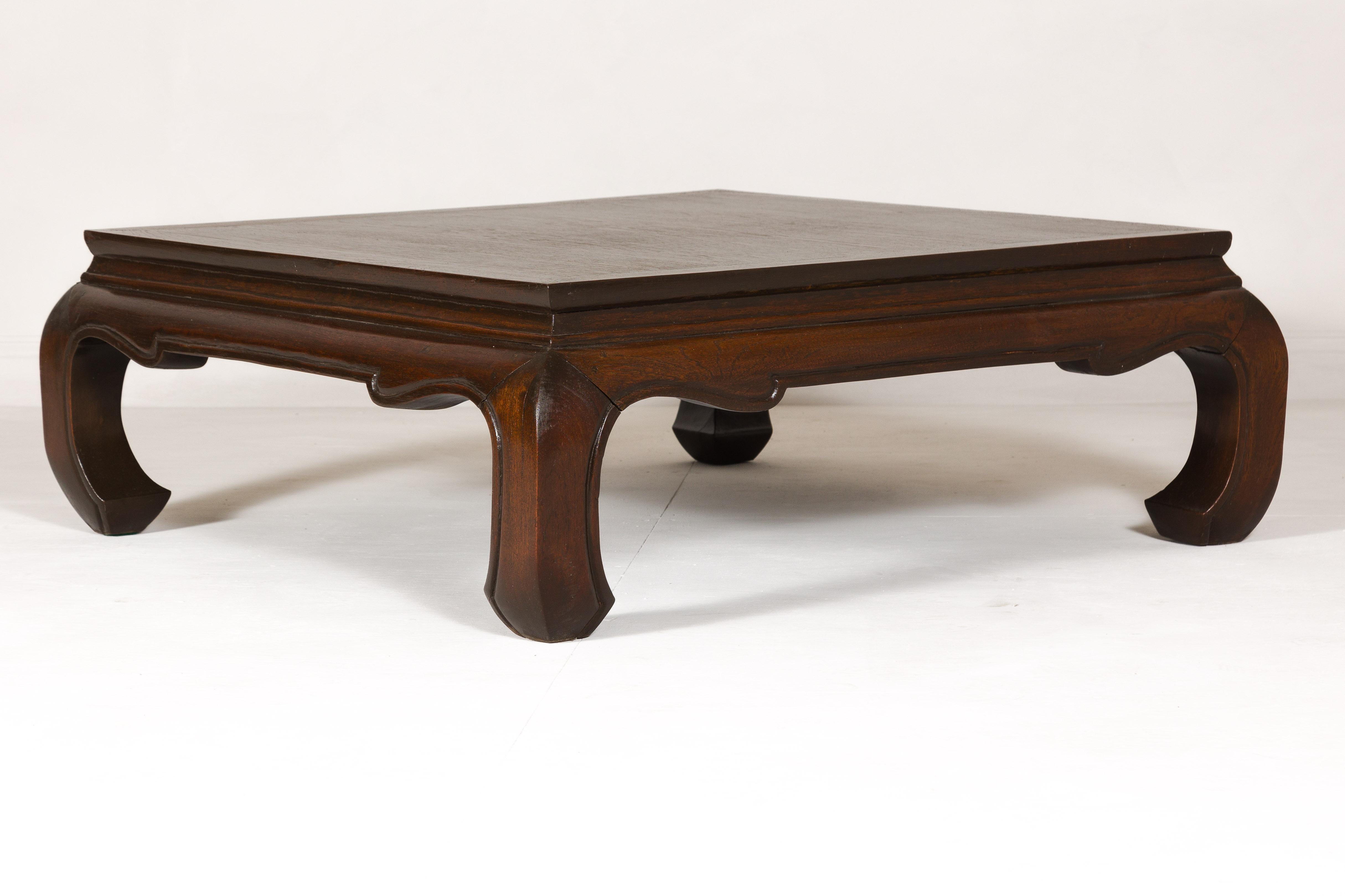 Vintage Teak Wood Chow Leg Coffee Table with Brown Oil Finish and carved Apron 4