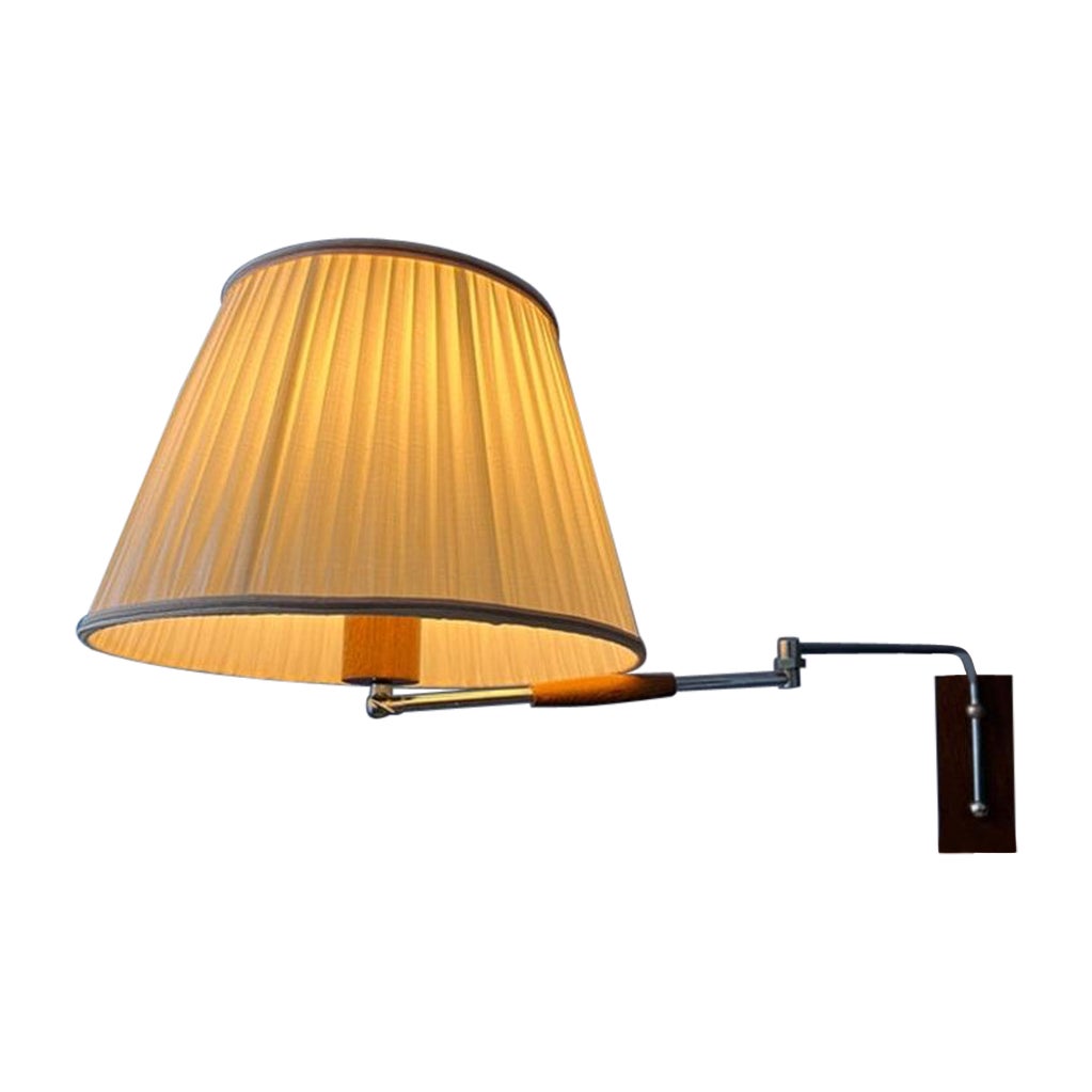 Vintage Teak Wood Mid Century Swing Arm Wall Lamp with Textile Shade, 1970s