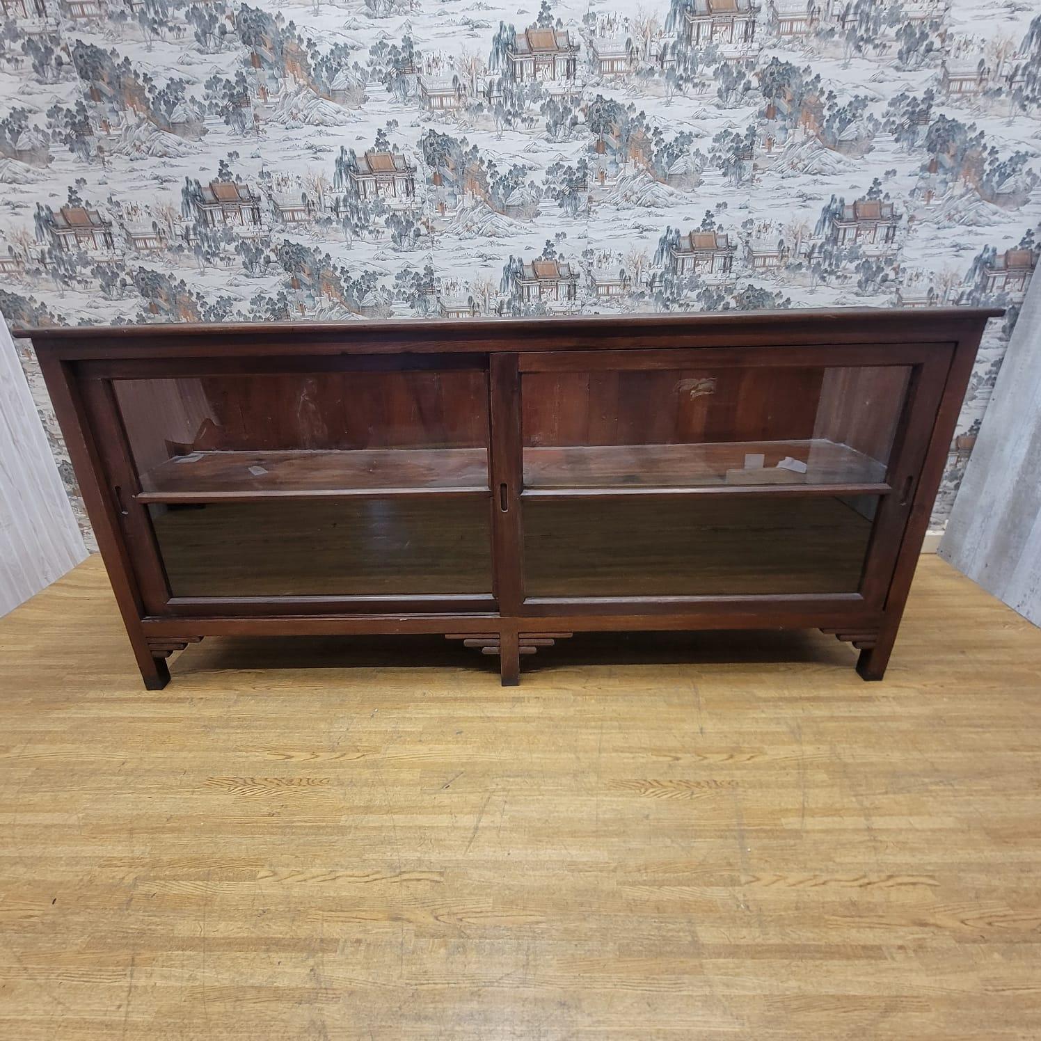 Vintage Teakwood Low Bookcase / Display Cabinet with Sliding Glass Doors For Sale 1