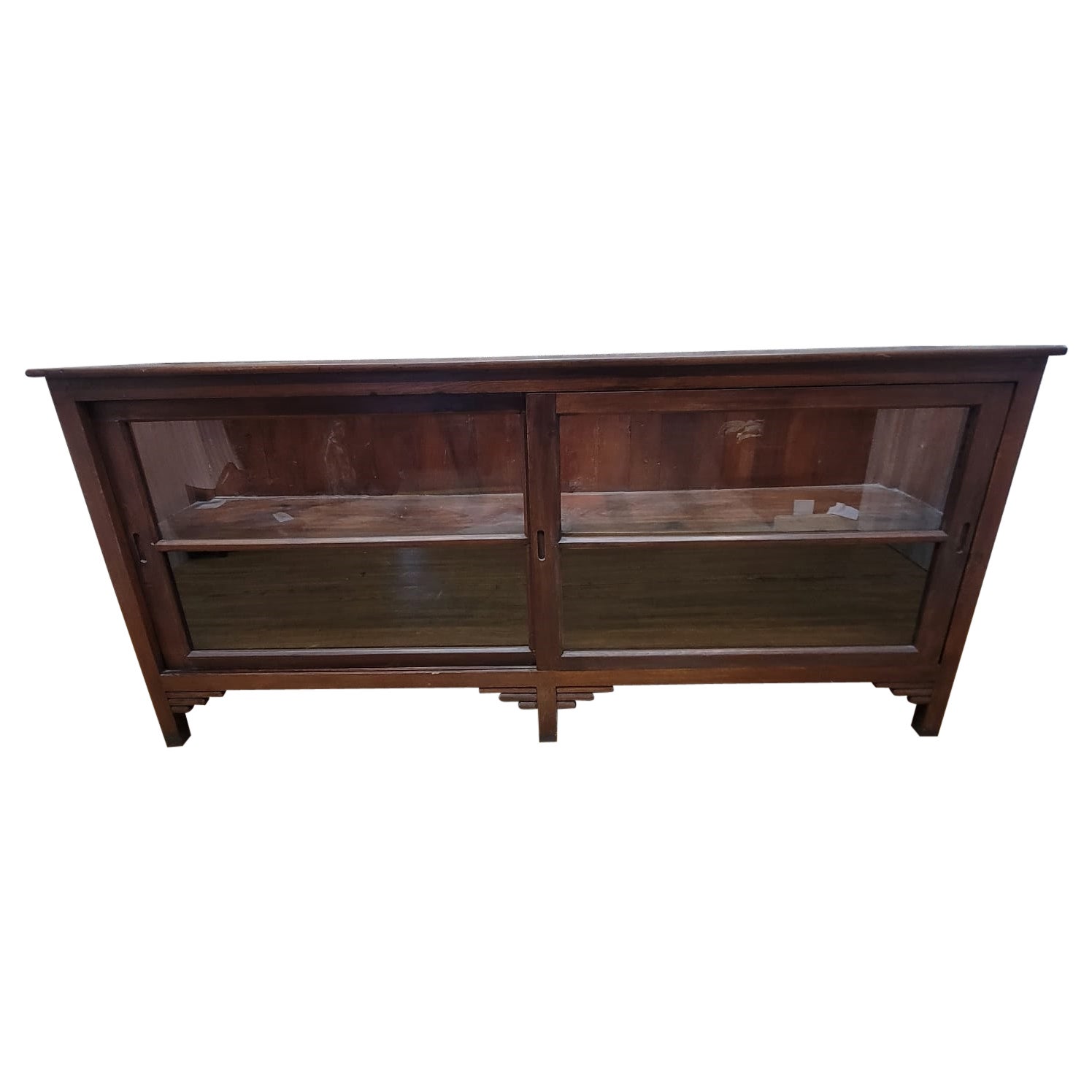 Vintage Teakwood Low Bookcase / Display Cabinet with Sliding Glass Doors
