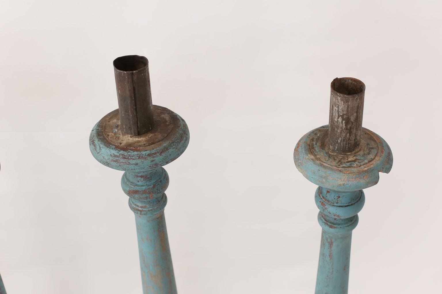 French Provincial Vintage Teal-Blue Painted Candlestick