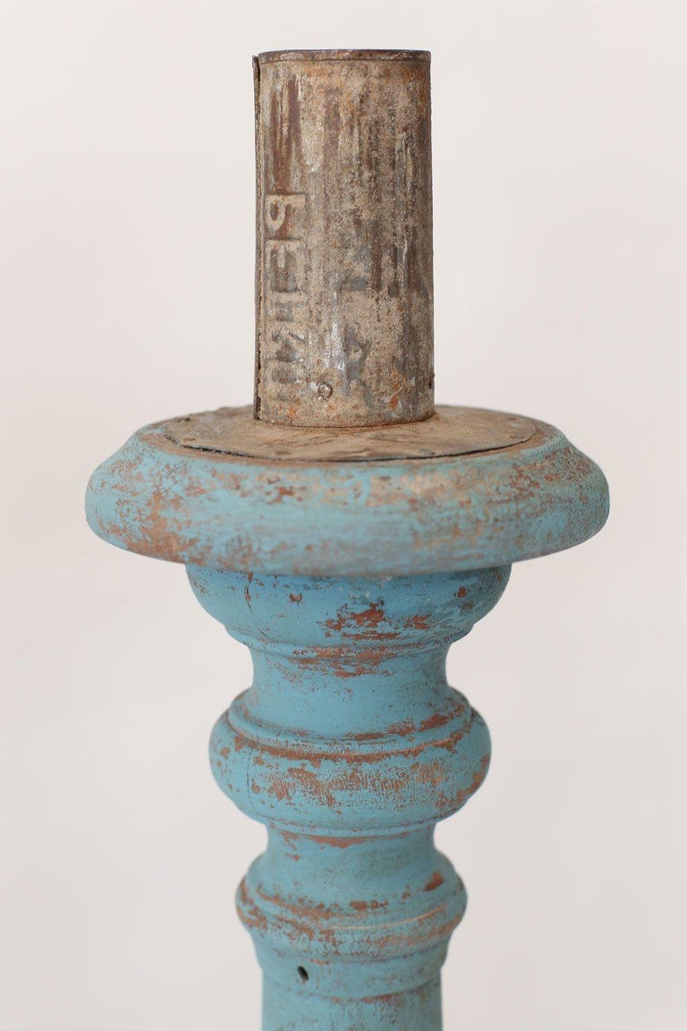 Pair of 18th Century Italian Painted Wood Candlesticks as Lamps at