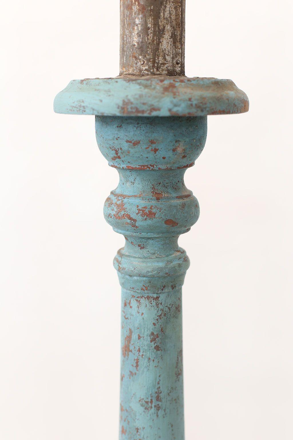 Hand-Carved Vintage Teal-Blue Painted Candlestick