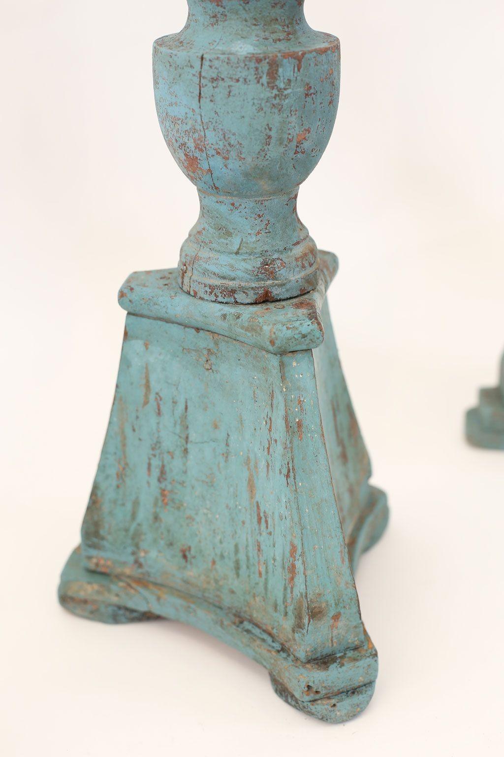 Vintage Teal-Blue Painted Candlestick In Good Condition In Houston, TX