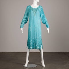 Vintage Teal Blue Silk Sequin + Beaded Art Deco/ Flapper Dress