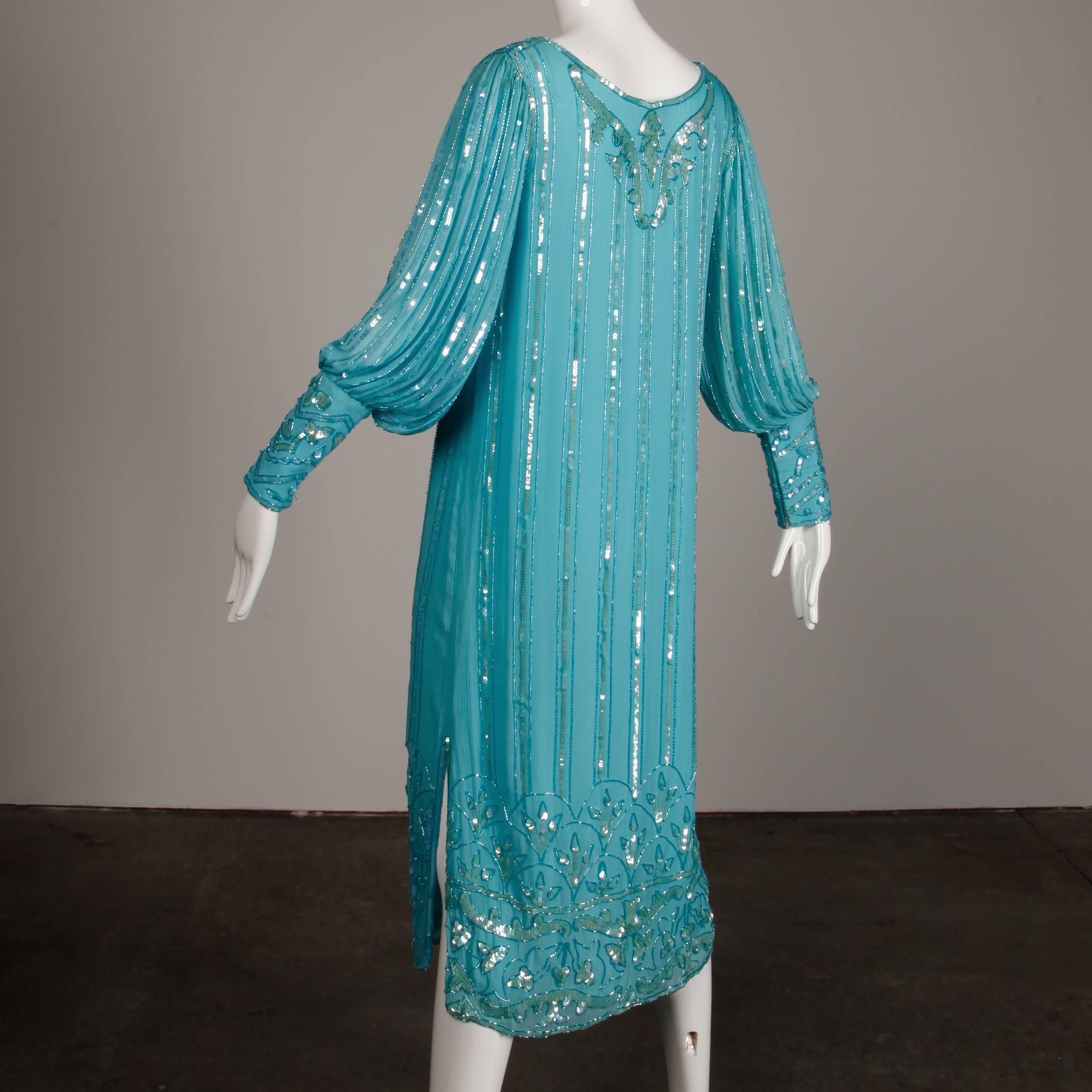 Women's Vintage Teal Blue Silk Sequin + Beaded Art Deco/ Flapper Dress For Sale