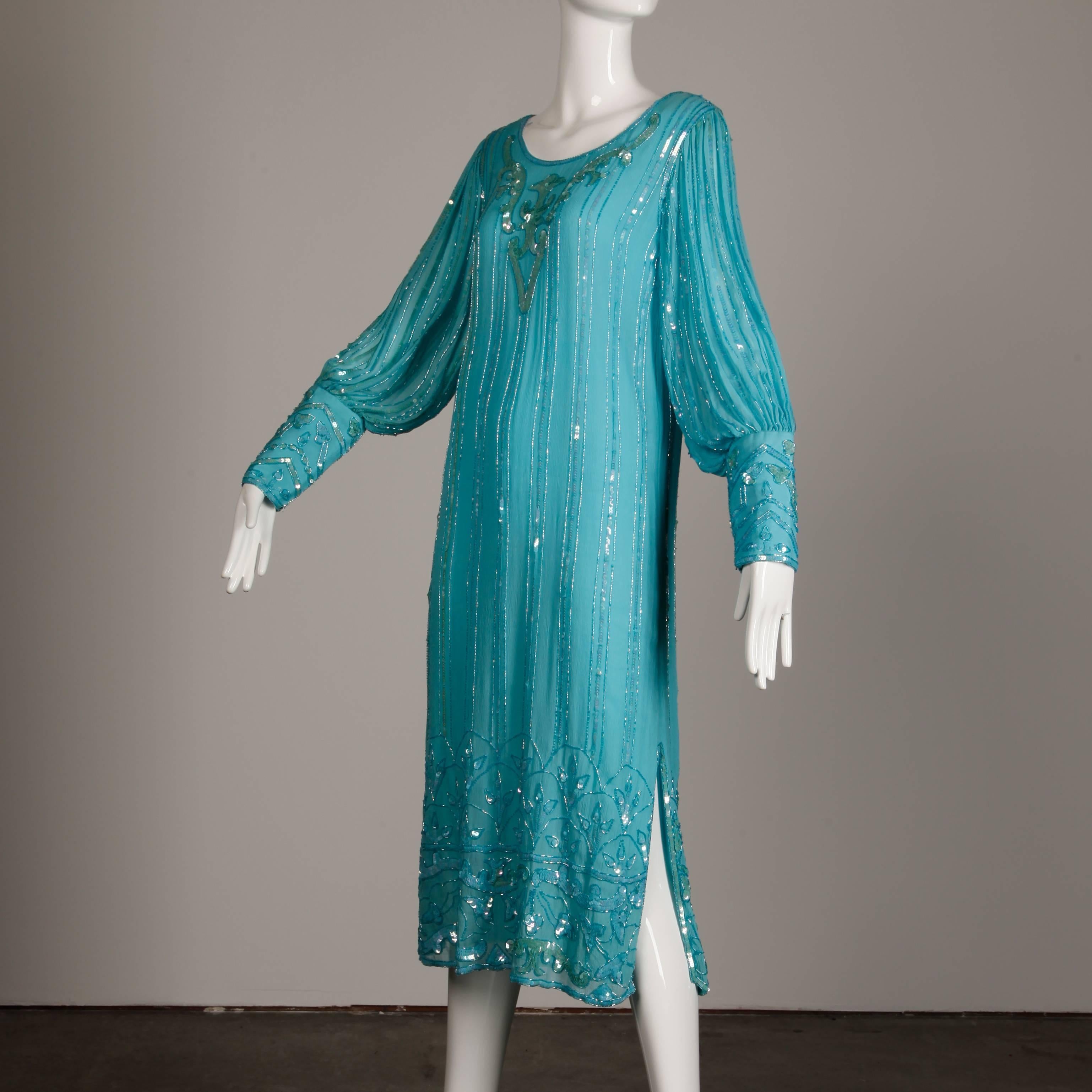 Vintage Teal Blue Silk Sequin + Beaded Art Deco/ Flapper Dress For Sale 2