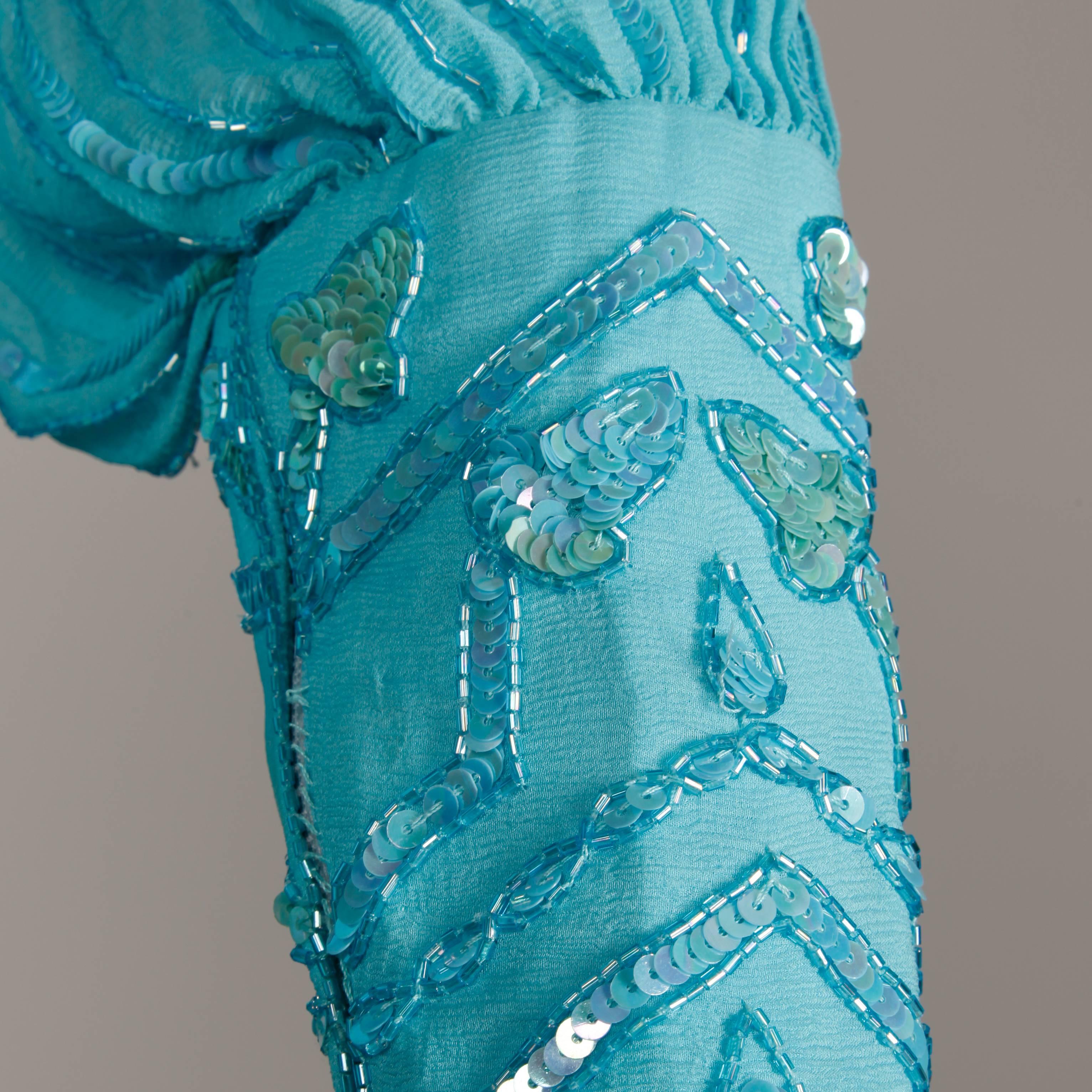 Vintage Teal Blue Silk Sequin + Beaded Art Deco/ Flapper Dress For Sale 3