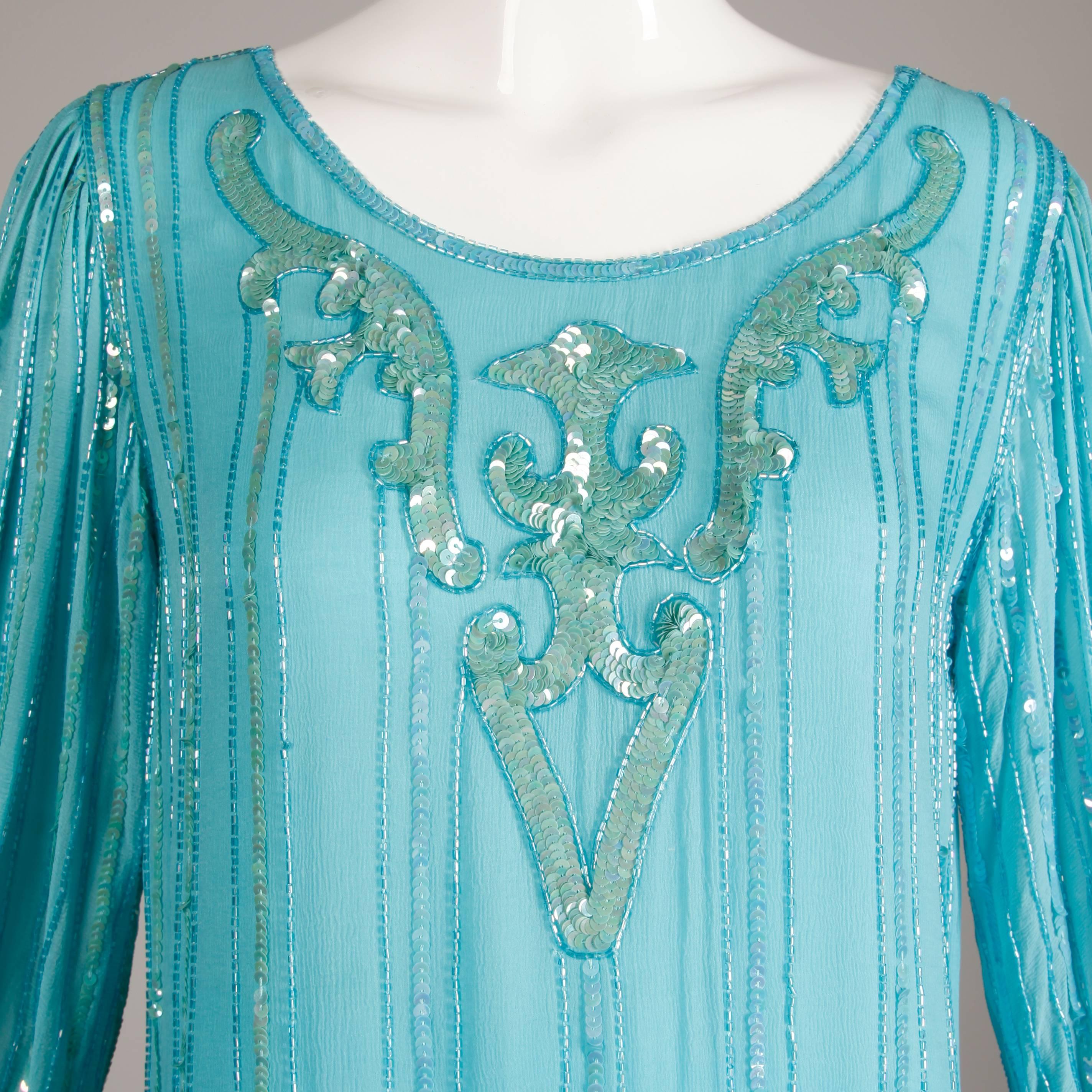 Vintage Teal Blue Silk Sequin + Beaded Art Deco/ Flapper Dress For Sale 4