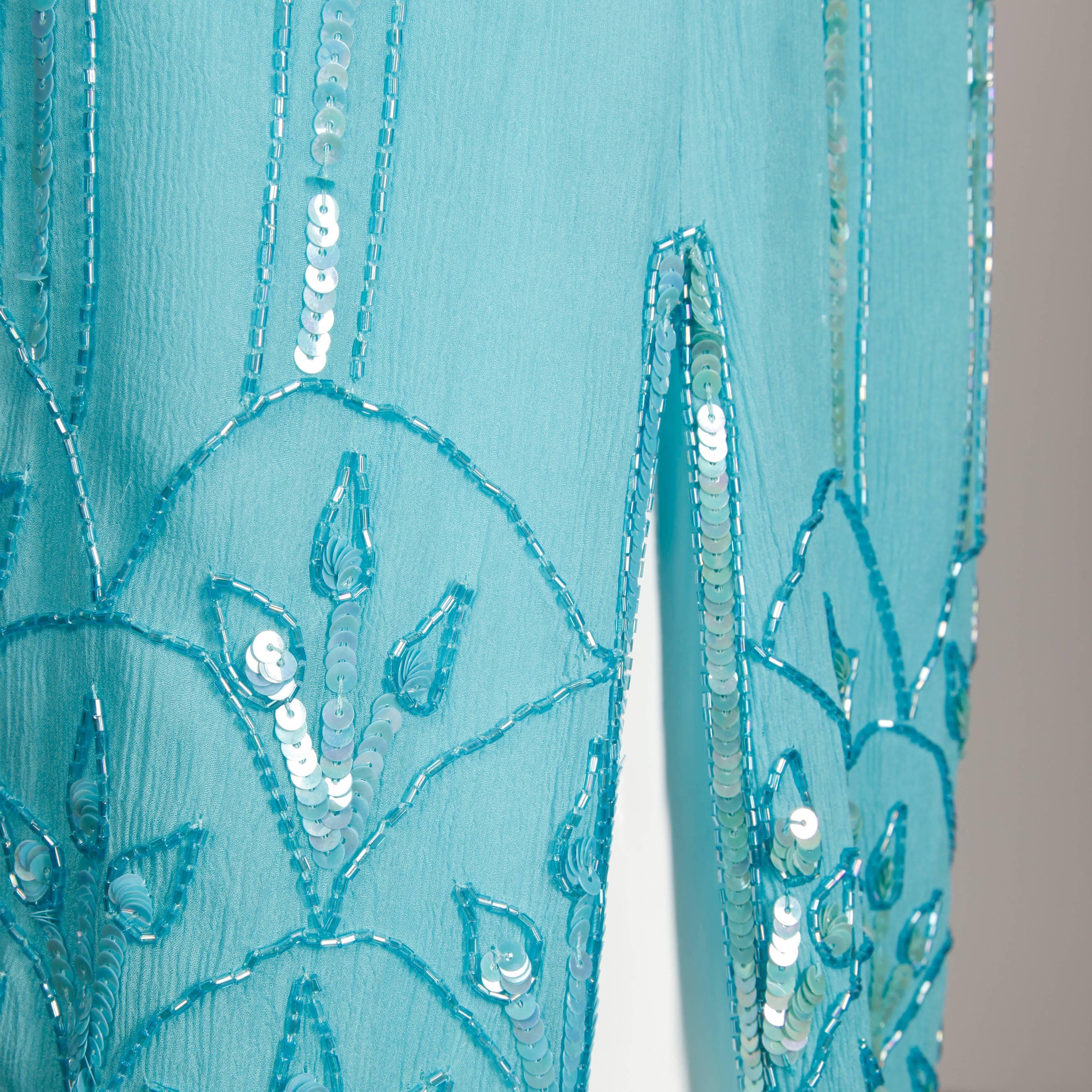 Vintage Teal Blue Silk Sequin + Beaded Art Deco/ Flapper Dress For Sale 5