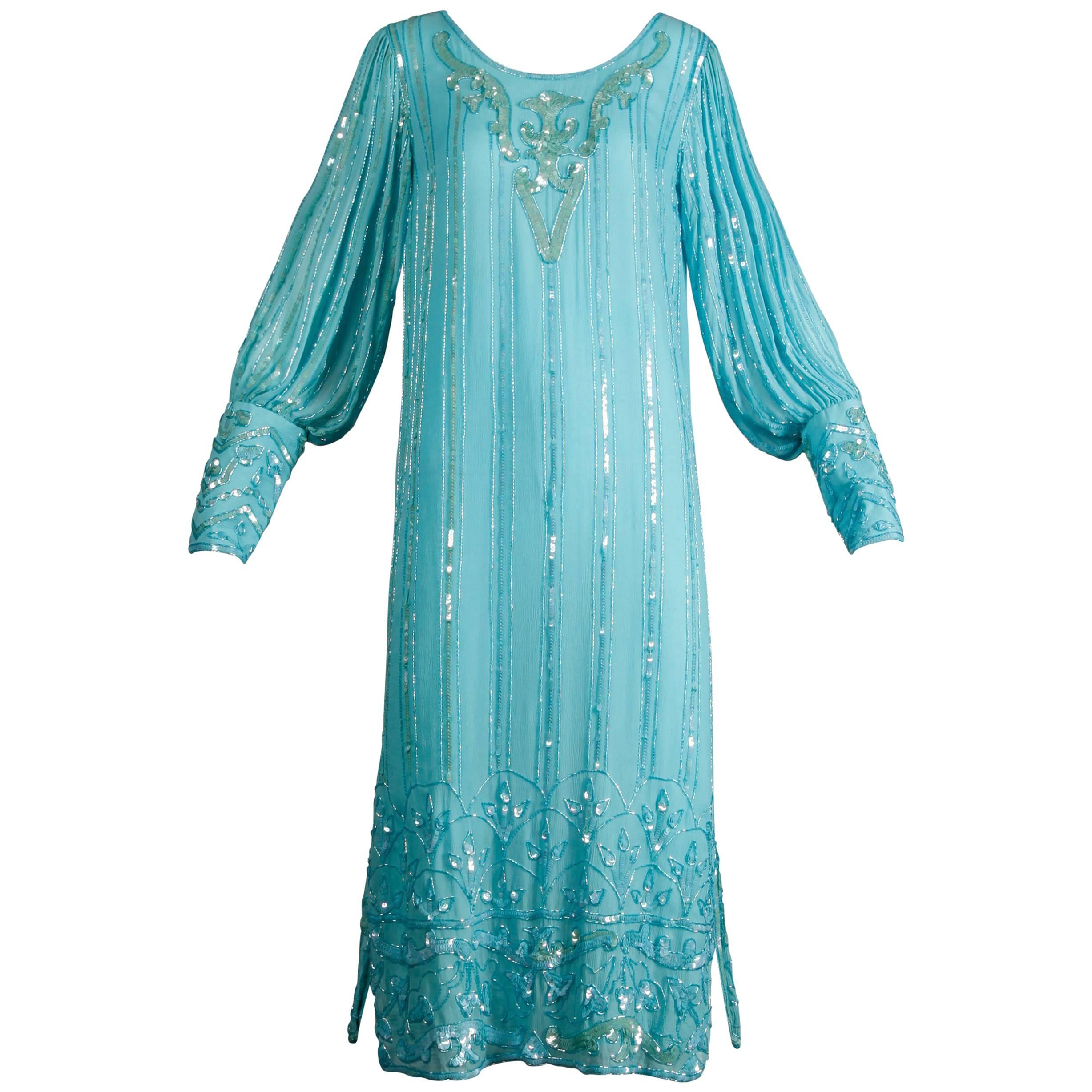 Vintage Teal Blue Silk Sequin + Beaded Art Deco/ Flapper Dress