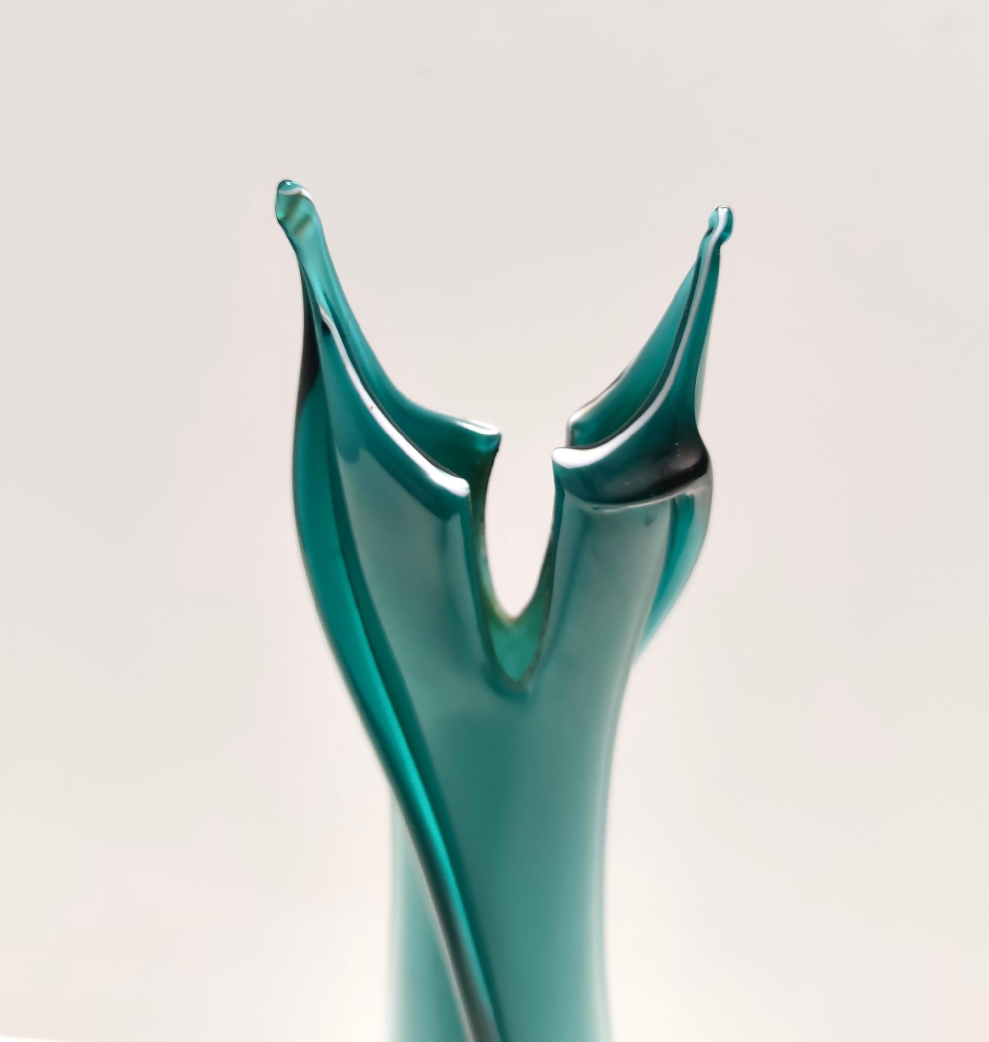 Vintage Teal Encased and Hand-Blown Murano Glass Flower Vase, Italy For Sale 5