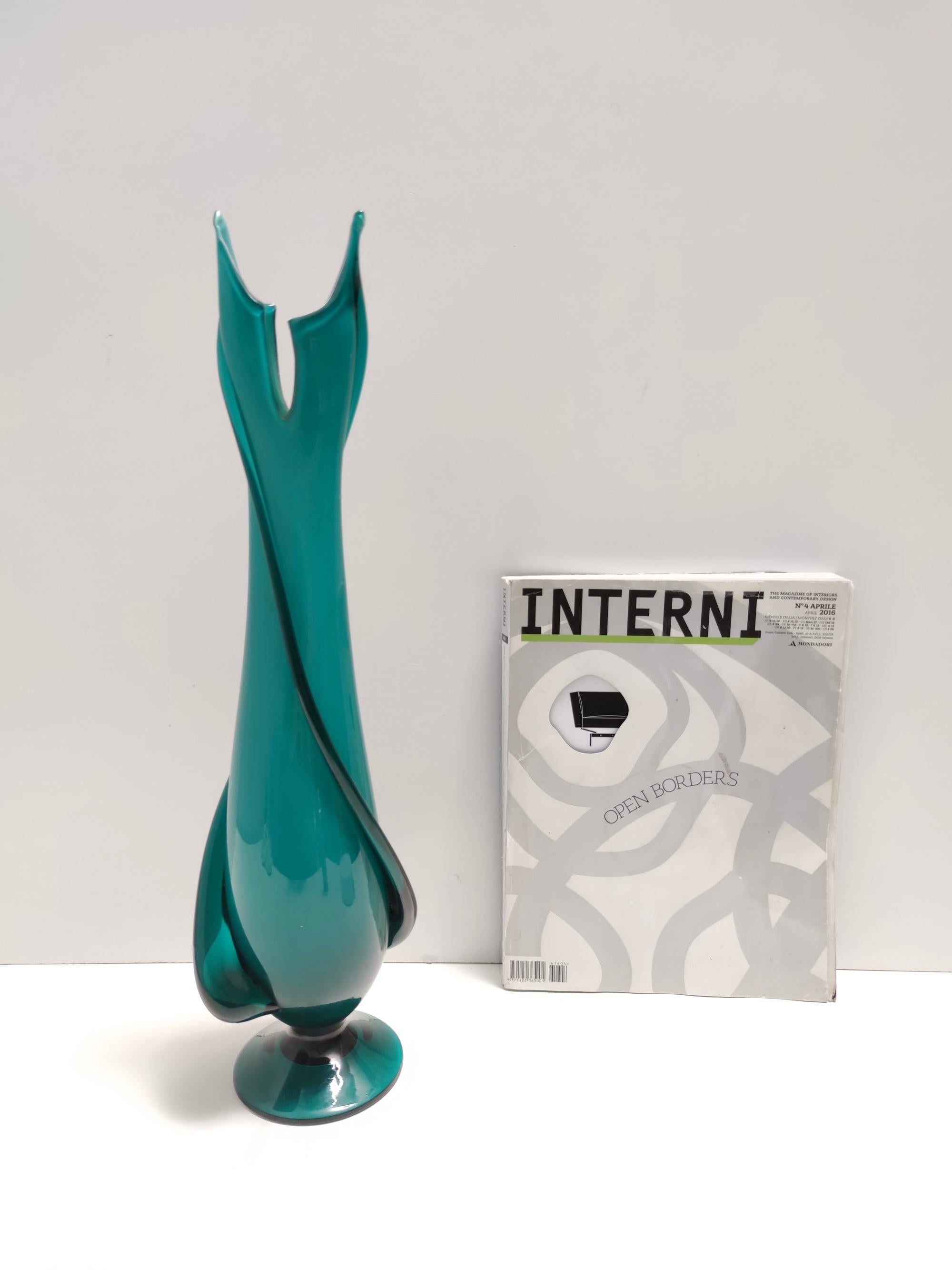 Mid-Century Modern Vintage Teal Encased and Hand-Blown Murano Glass Flower Vase, Italy For Sale