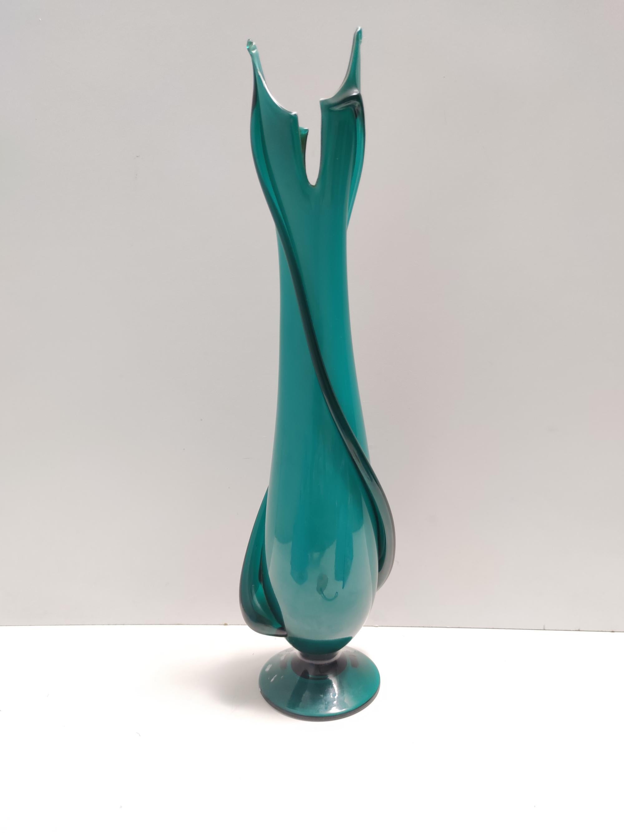Italian Vintage Teal Encased and Hand-Blown Murano Glass Flower Vase, Italy For Sale