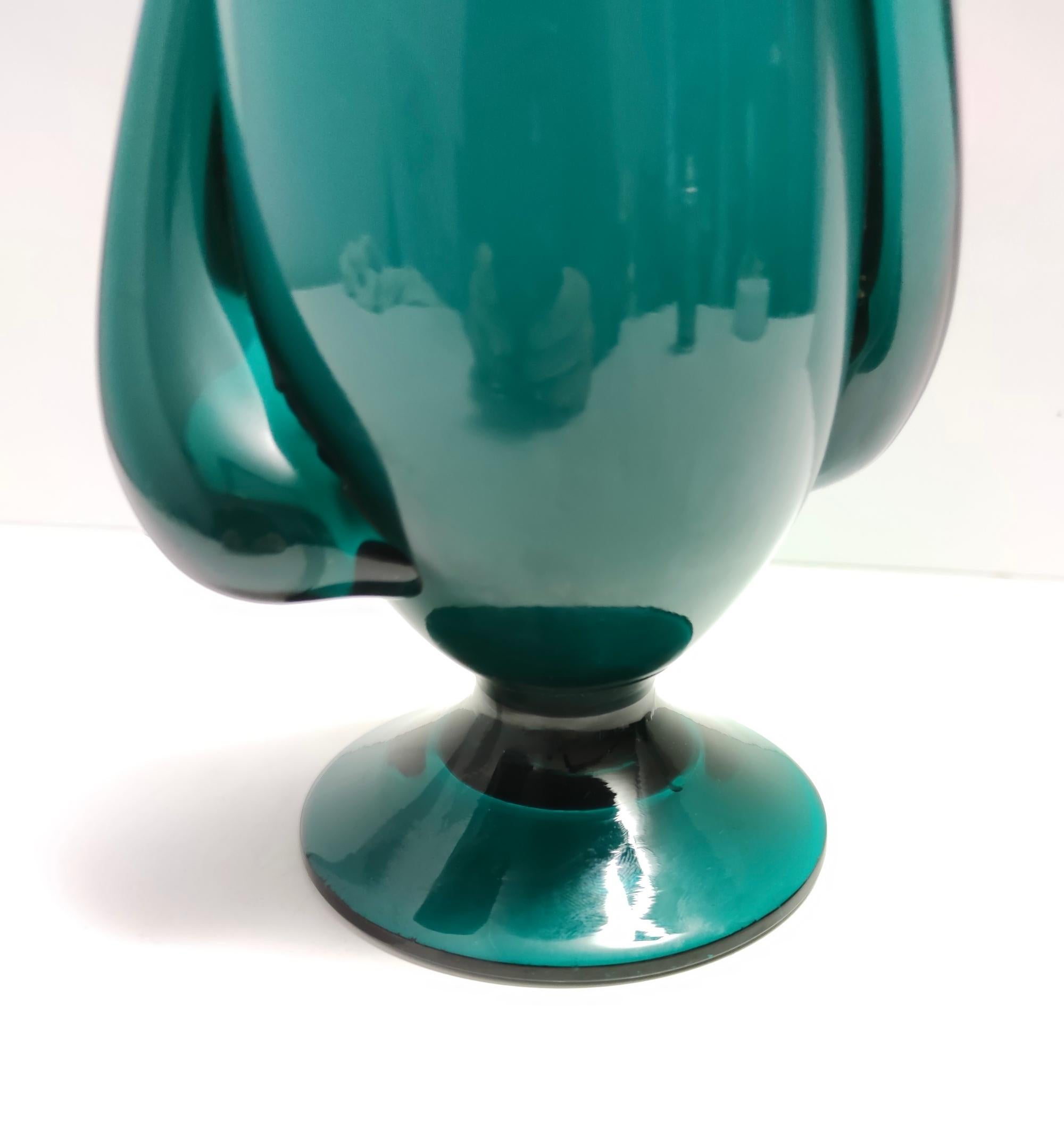 Vintage Teal Encased and Hand-Blown Murano Glass Flower Vase, Italy For Sale 3