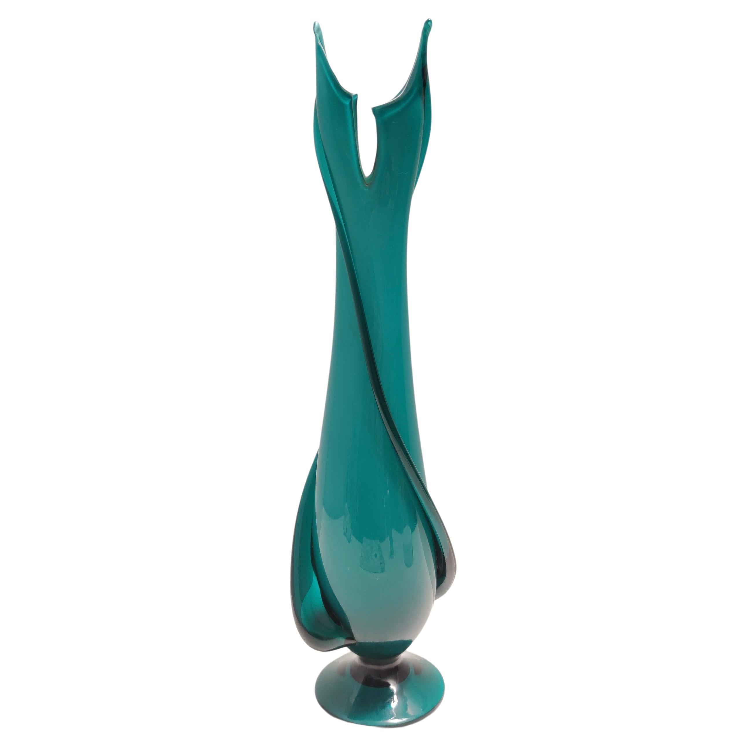 Vintage Teal Encased and Hand-Blown Murano Glass Flower Vase, Italy For Sale