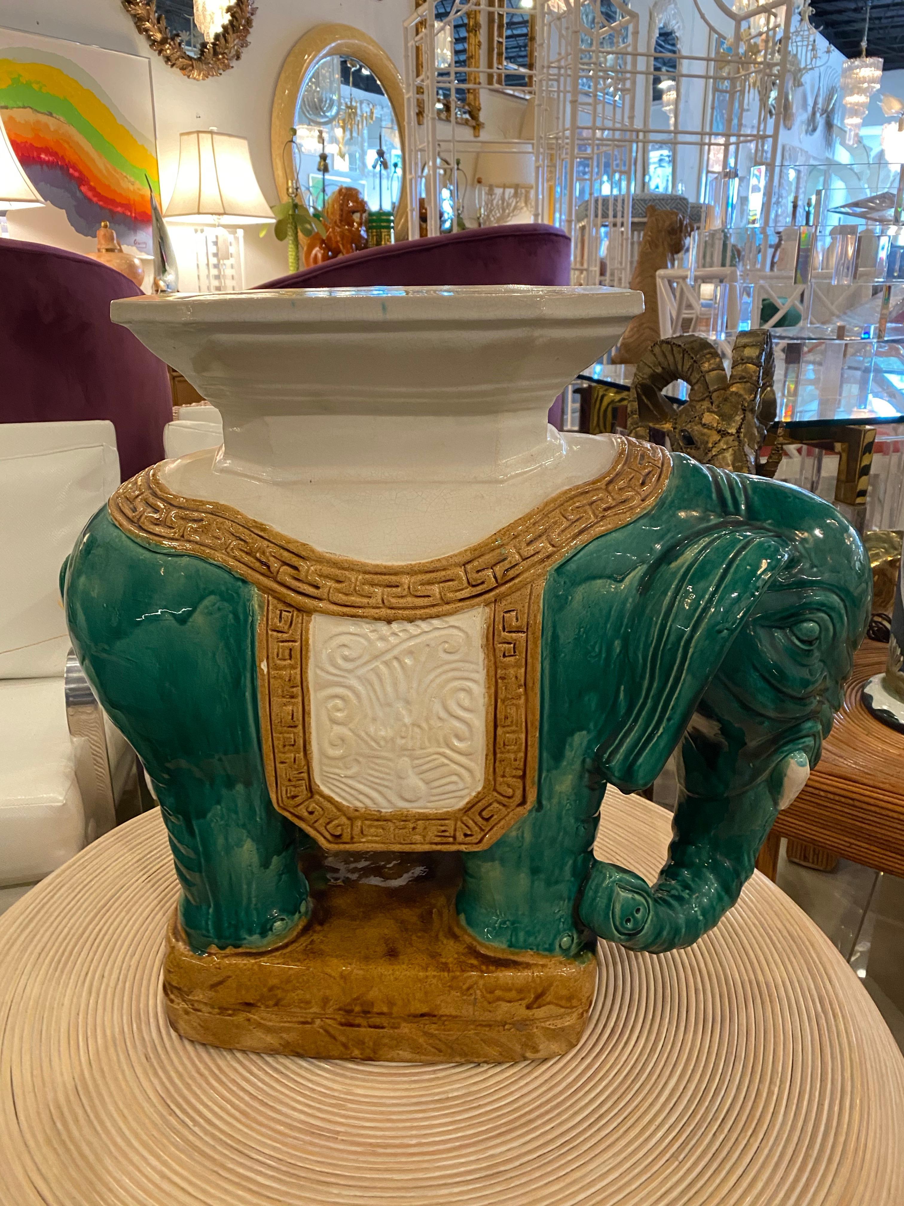 Vintage Teal Green Garden Elephant Stool Stand Side Table 1