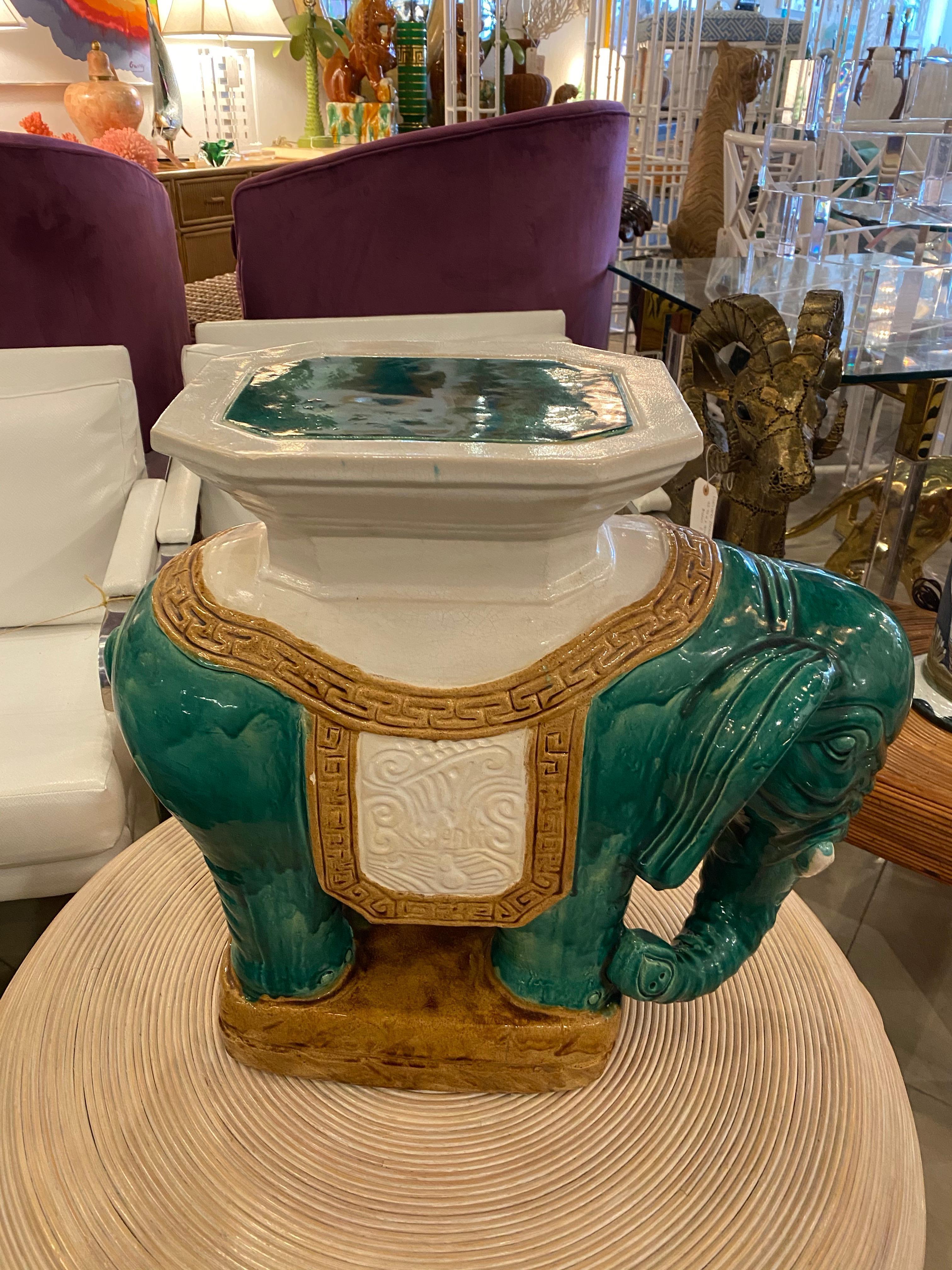 Vintage Teal Green Garden Elephant Stool Stand Side Table 2