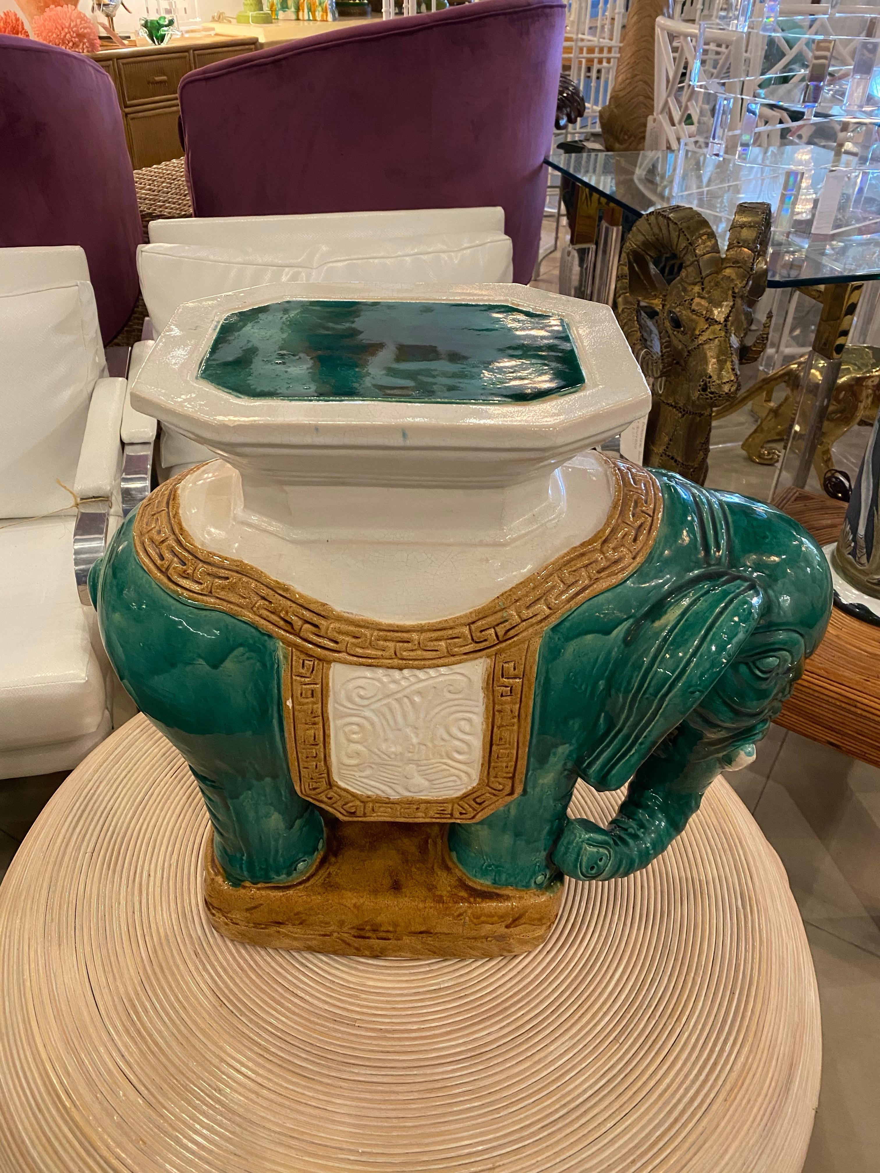 Vintage Teal Green Garden Elephant Stool Stand Side Table 3
