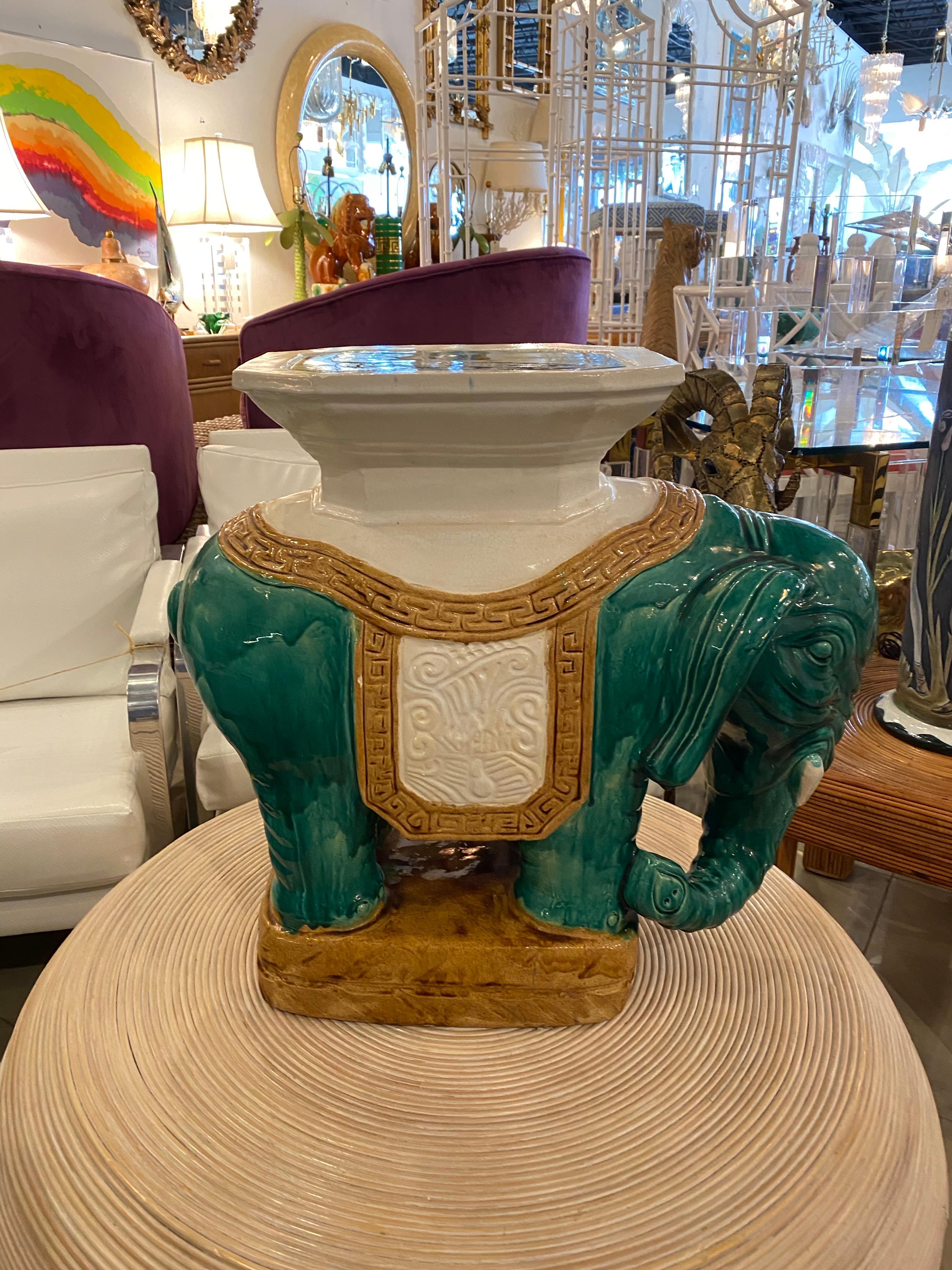 Vintage elephant garden stool stand, side table. No chips or breaks. Beautiful teal green glaze color.