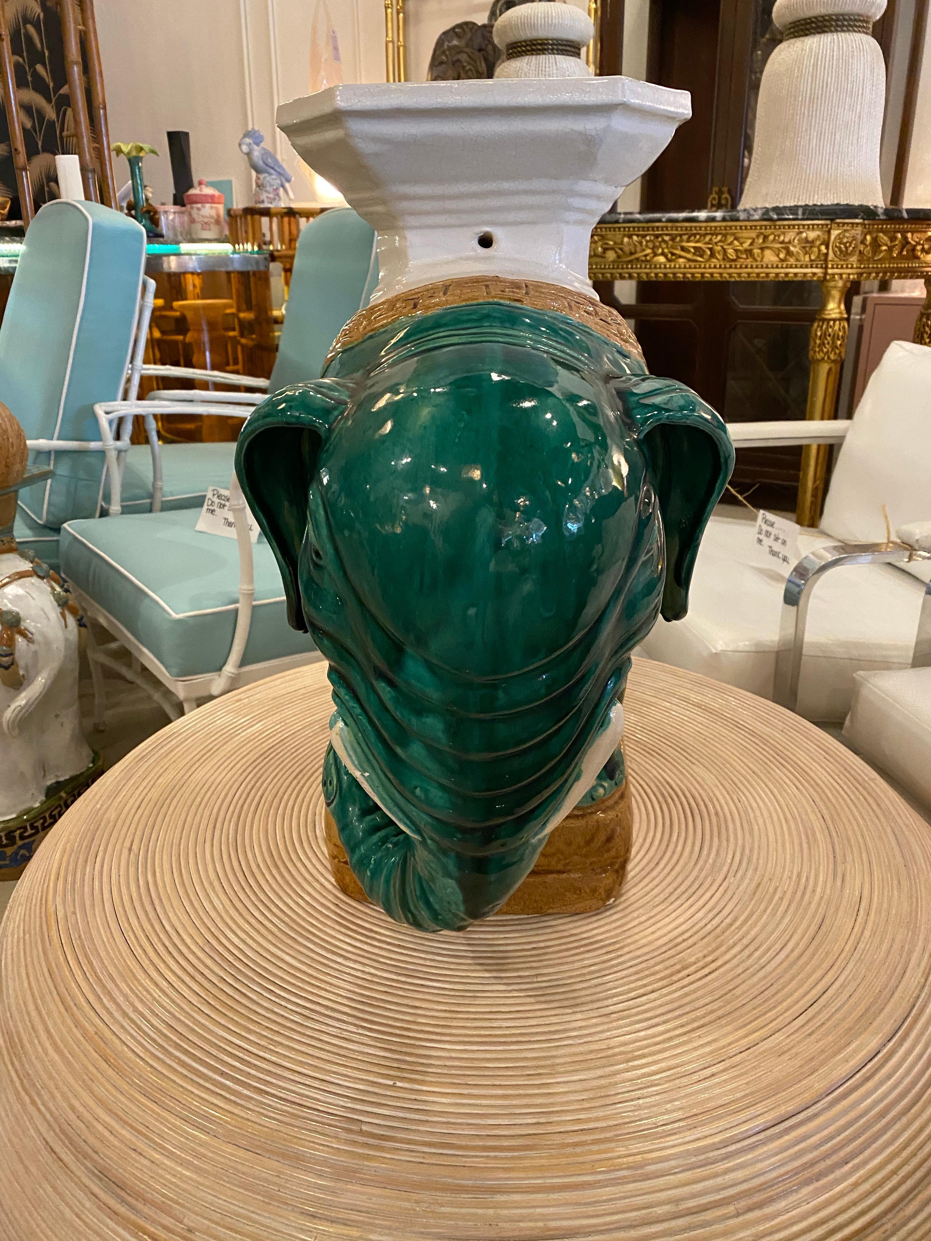 Vietnamese Vintage Teal Green Garden Elephant Stool Stand Side Table