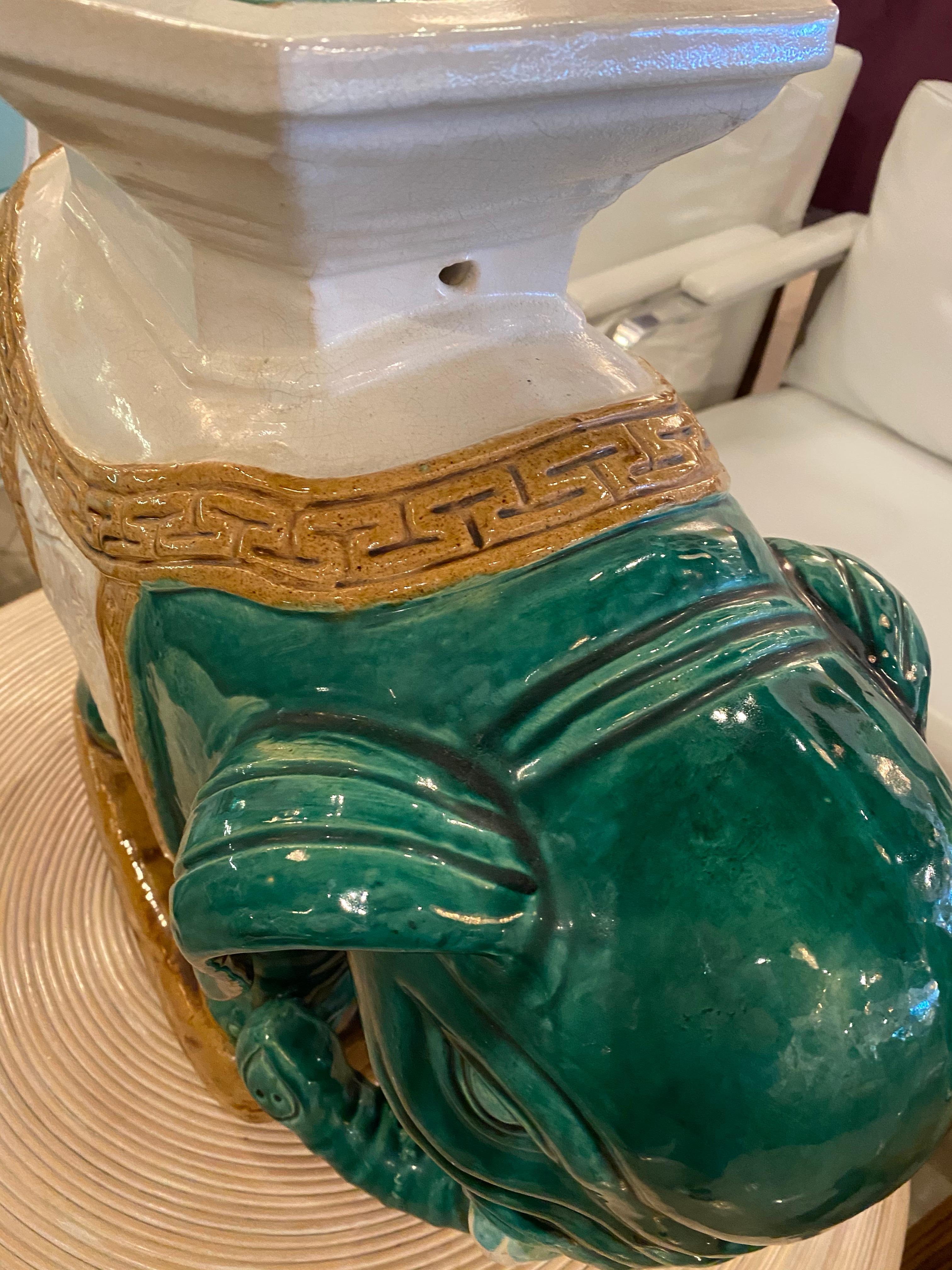 Vintage Teal Green Garden Elephant Stool Stand Side Table In Good Condition In West Palm Beach, FL